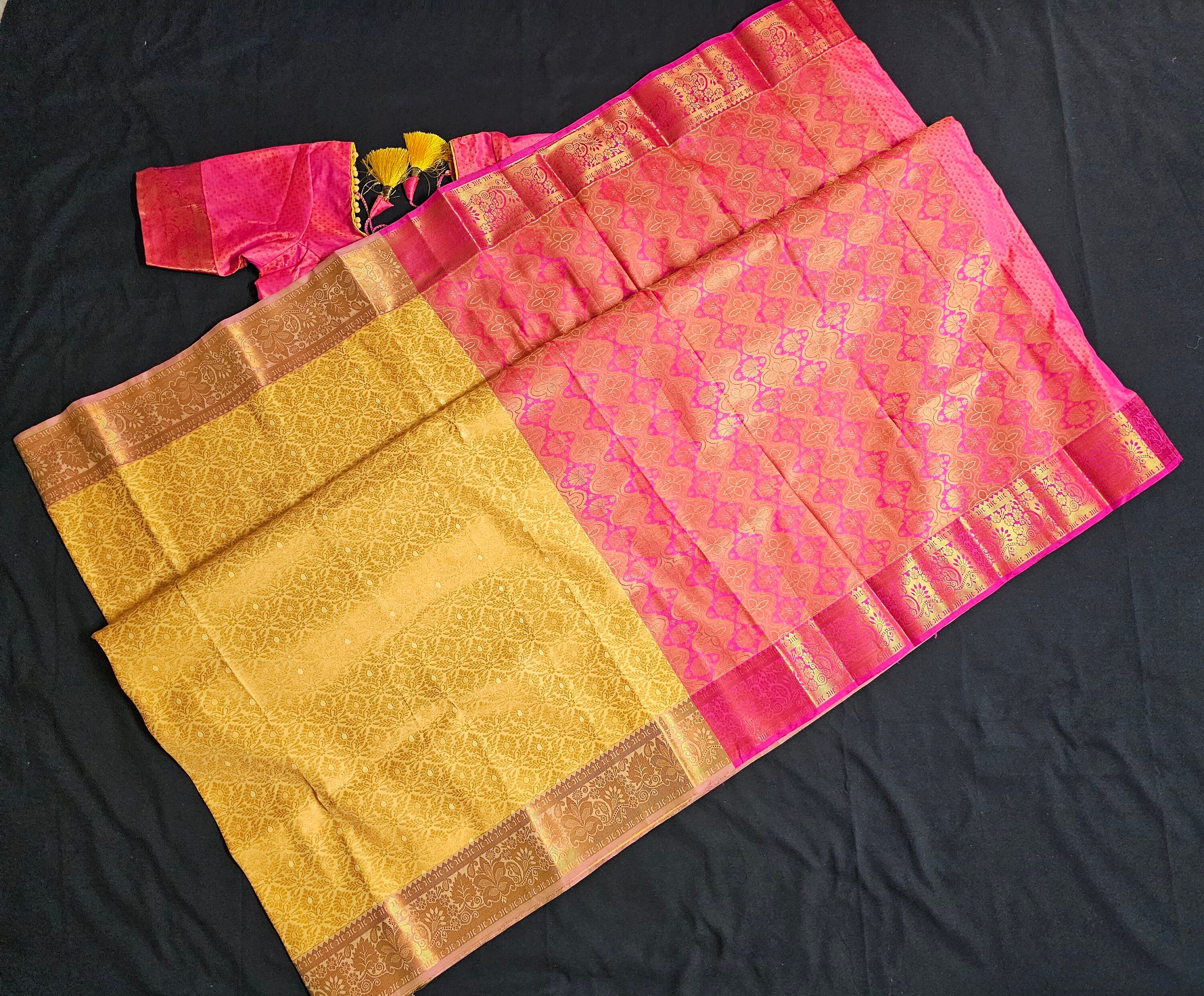 Bridal wear - Traditional wedding Saree - Brocade Saree -Kanchipuram pattern rich zari pallu with stitched blouse - Blouse size 34 (Upto 38)