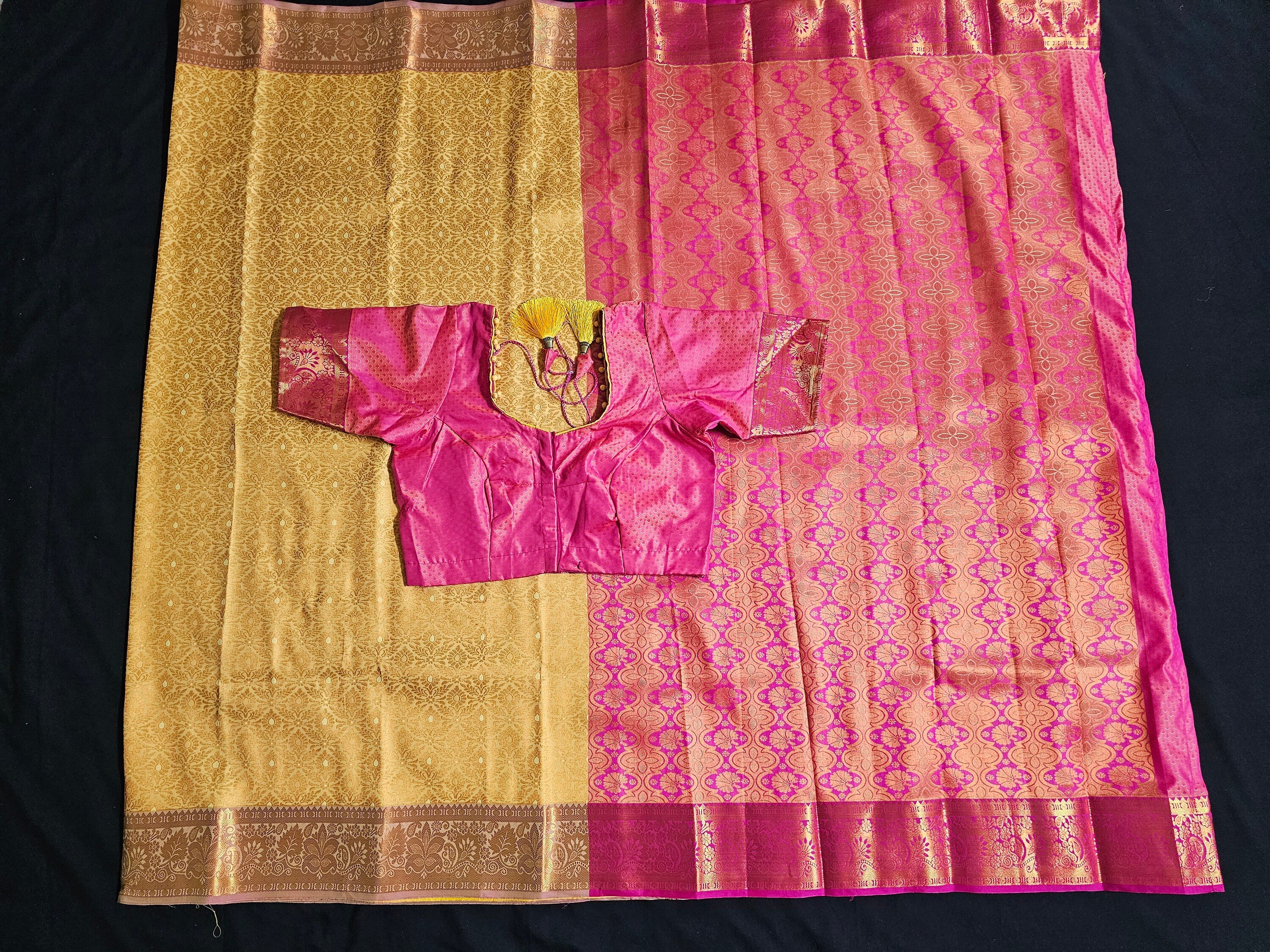 Bridal wear - Traditional wedding Saree - Brocade Saree -Kanchipuram pattern rich zari pallu with stitched blouse - Blouse size 34 (Upto 38)