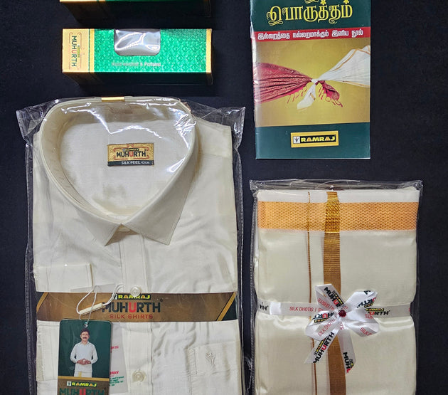 Traditional Indian Men's marriage Silk Shirt (Full Sleeve) and Silk Dhothi/Vesti /Towel (Angavasthram) /Cotton Kerchief/belt - Shirt 40 Size