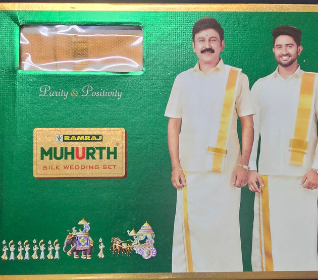 Traditional Indian Men's marriage Silk Shirt (Full Sleeve) and Silk Dhothi/Vesti /Towel (Angavasthram) /Cotton Kerchief/belt - Shirt 42 Size