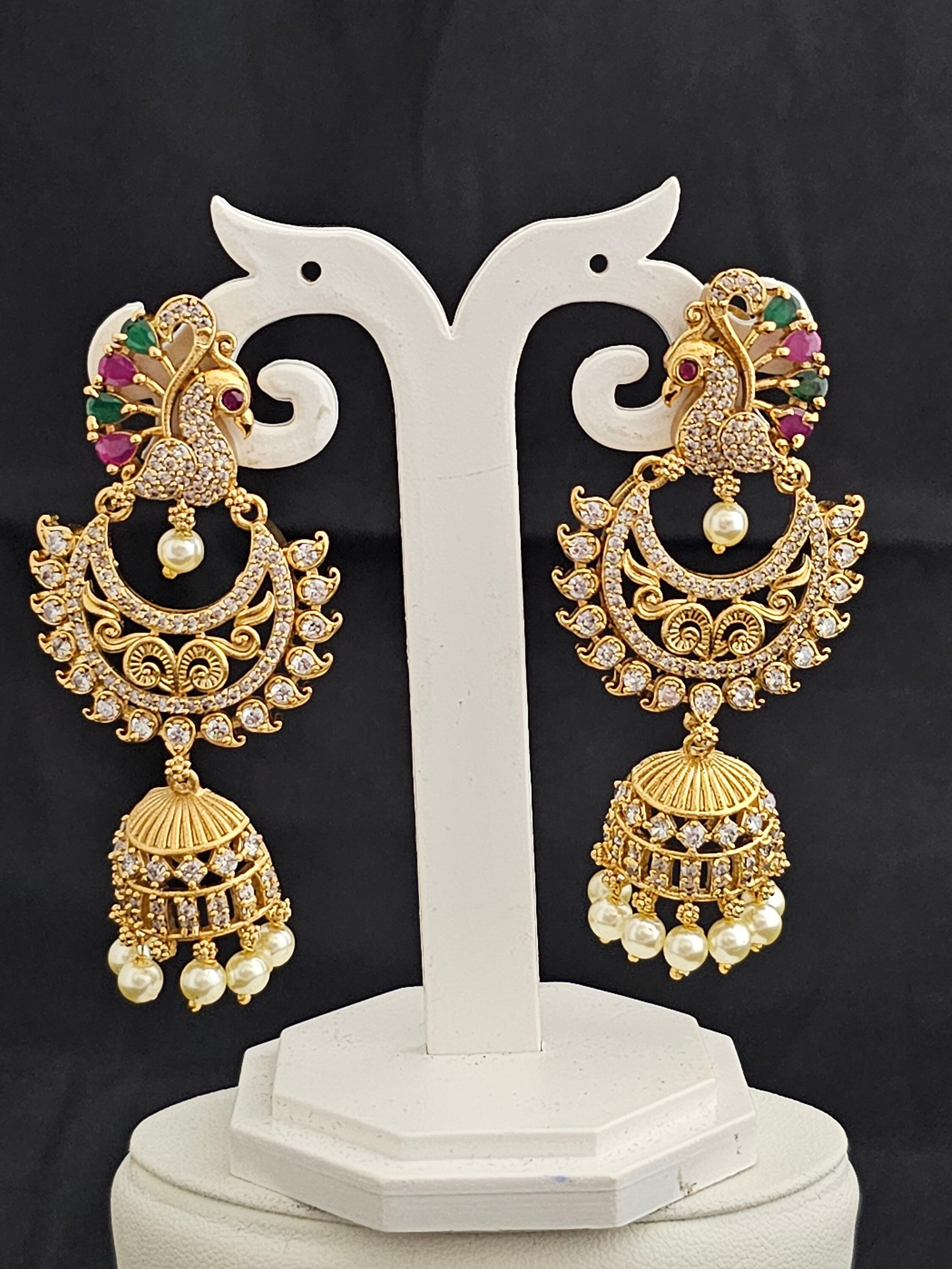 Premium Quality premium polish Peacock Chandbali Jhumka with hangings pearls