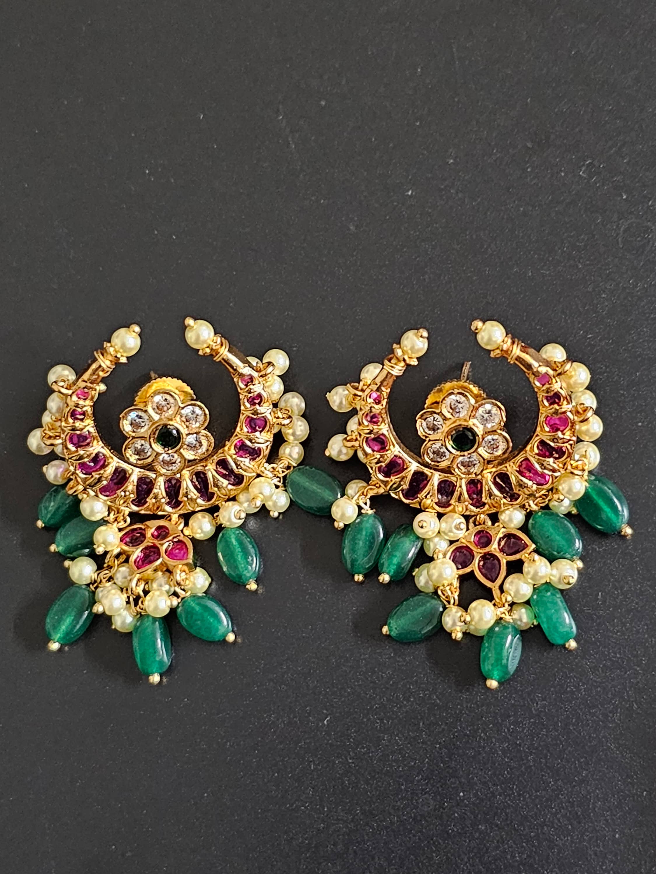 Kemp stone Premium Quality premium polish Chandbali Earrings with hanging precious beads and pearls
