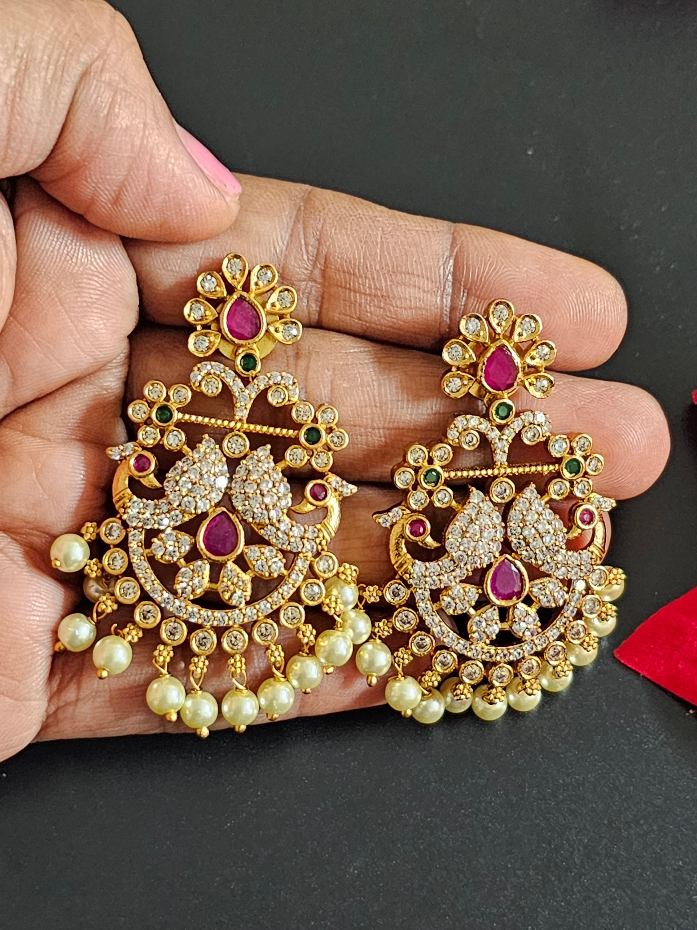 Peacock Premium Quality premium polish Chandbali type Earrings with hangings pearls