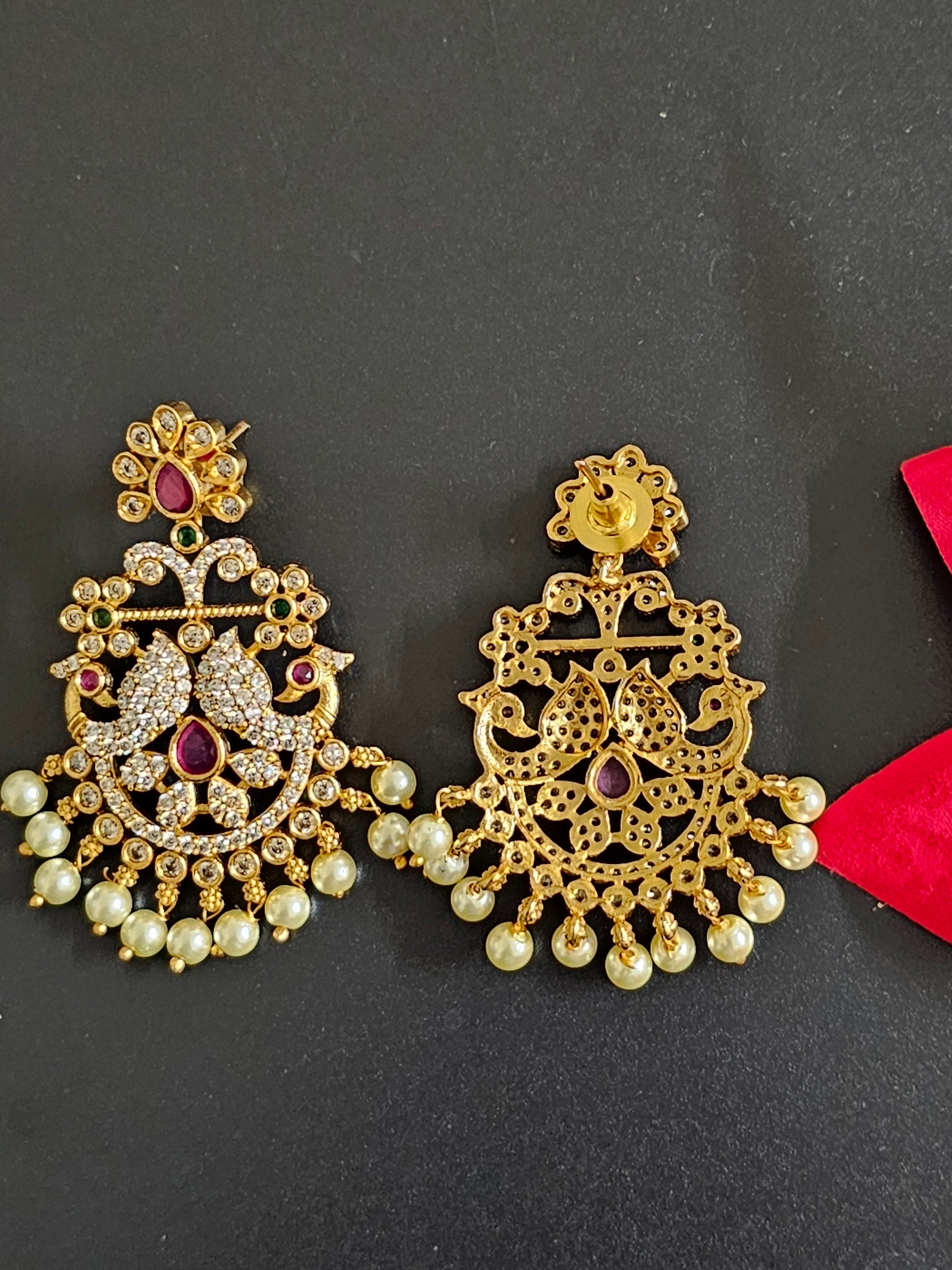 Peacock Premium Quality premium polish Chandbali type Earrings with hangings pearls