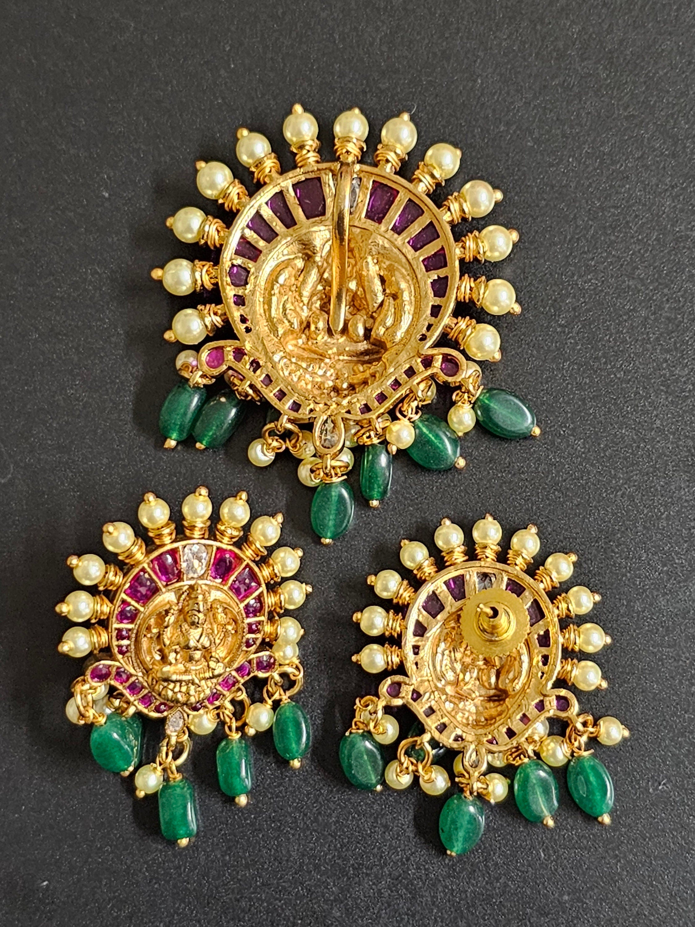 Pendent Set - Lakshmi Kemp stone Premium quality Antique Pendent with beautiful Earrings