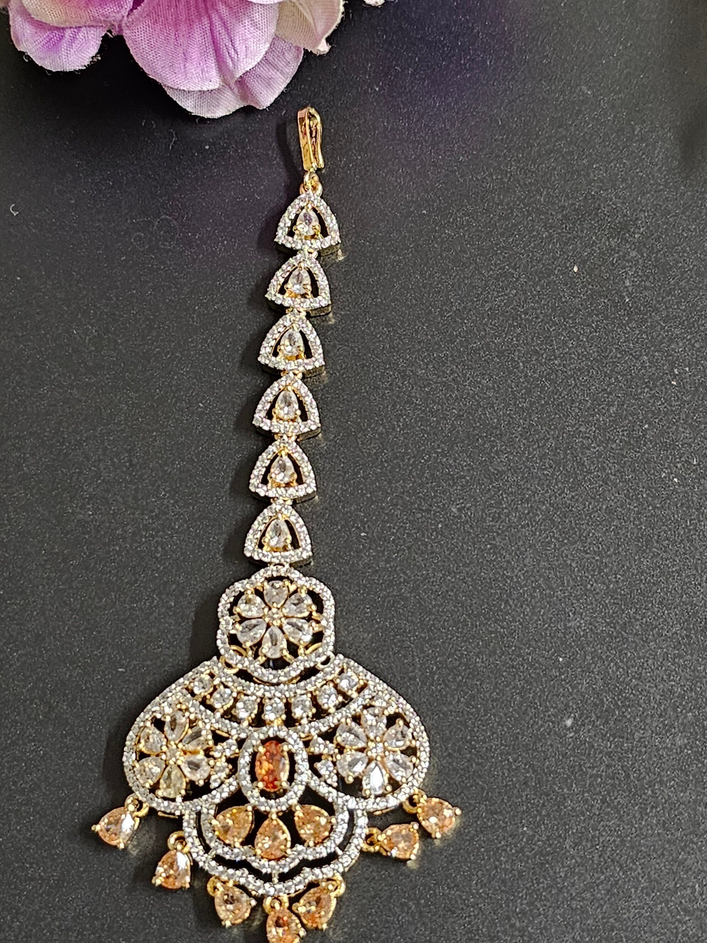 AD stone with Diamond finish with stone hangings Tikka/Nethichutti