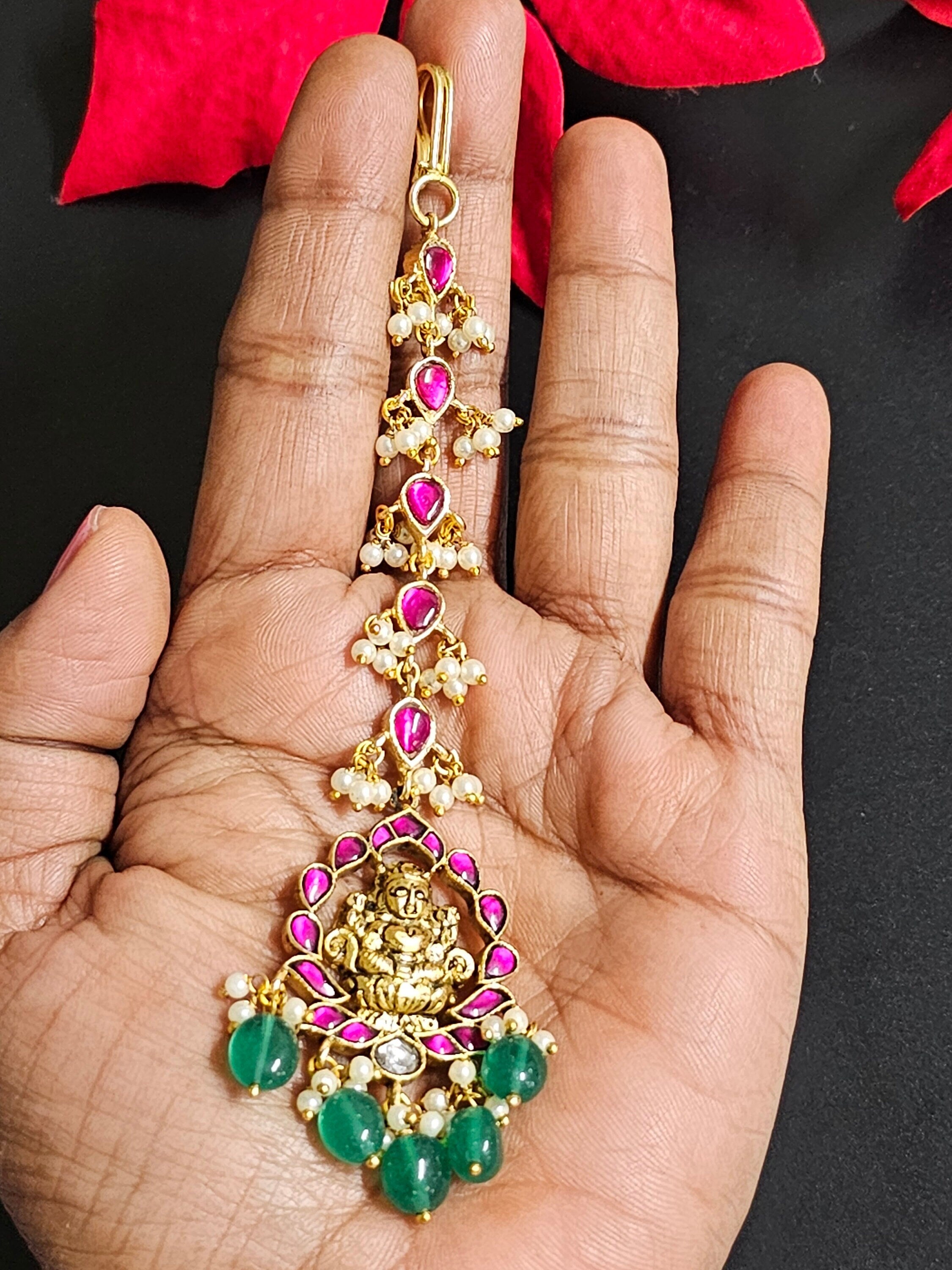 Jadau Kundan Jewelry - Jadau Kundan with precious bead and pearl hangings Tikka/Nethichutti