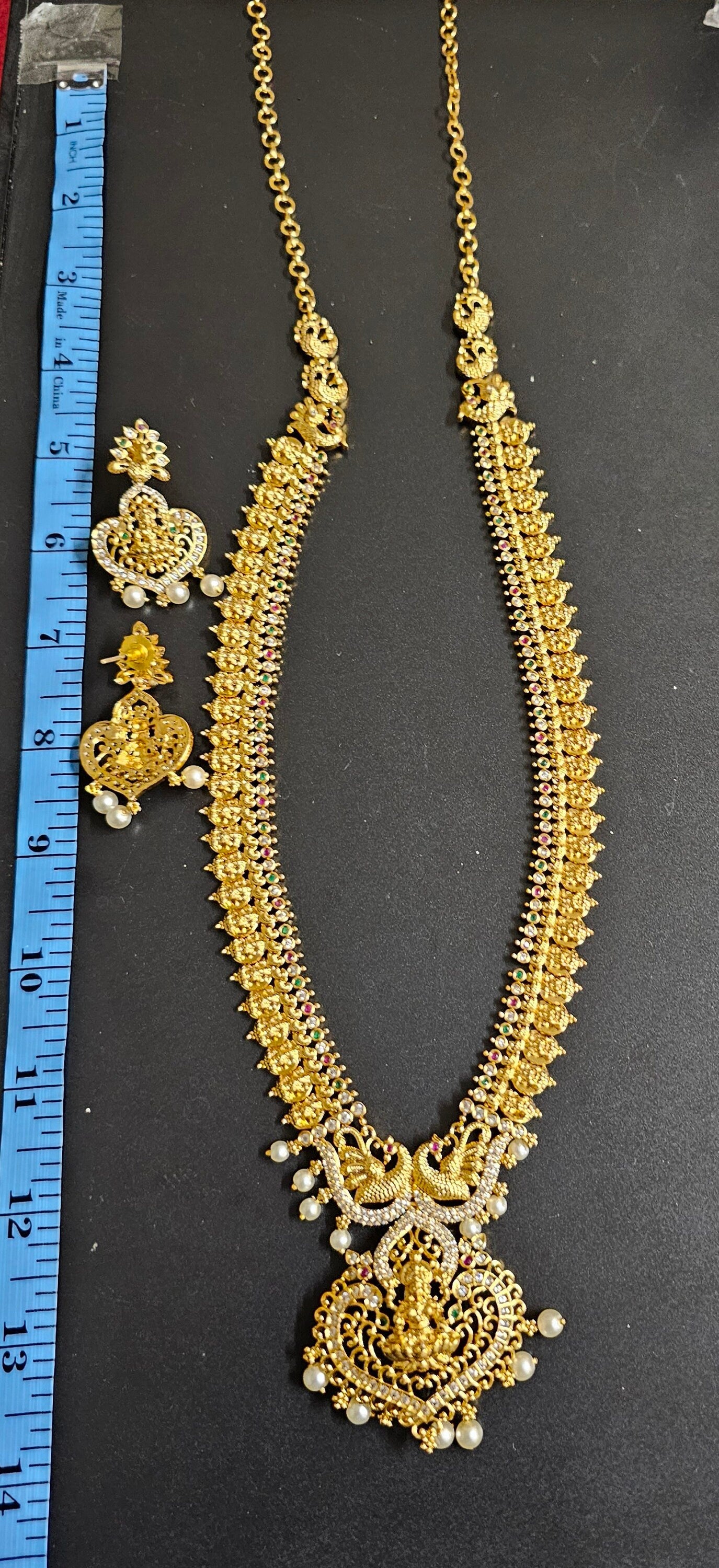 Premium Quality Lakshmi gold finish Haram with Lakshmi Earrings - Temple Jewelry - Ethnic Jewelry