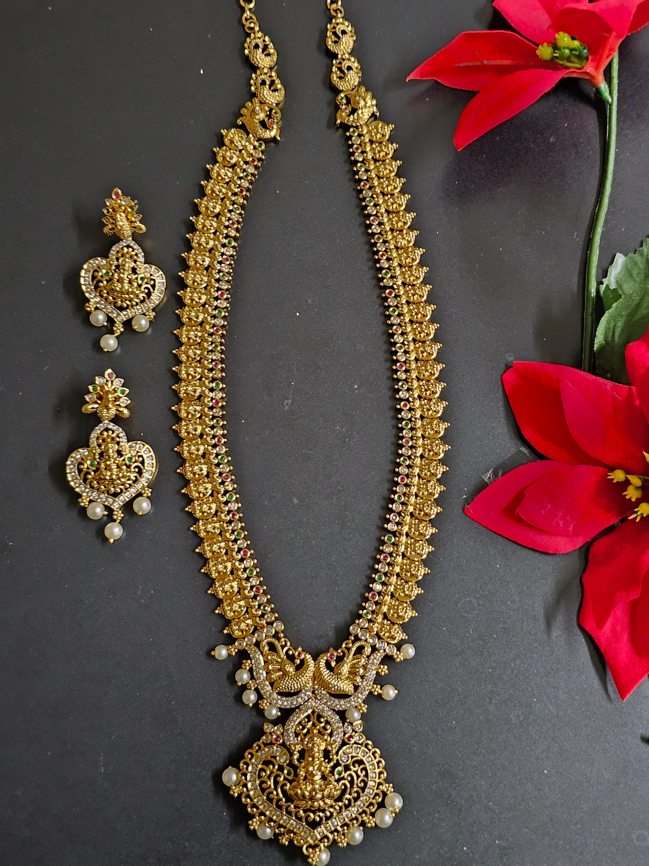 Premium Quality Lakshmi gold finish Haram with Lakshmi Earrings - Temple Jewelry - Ethnic Jewelry