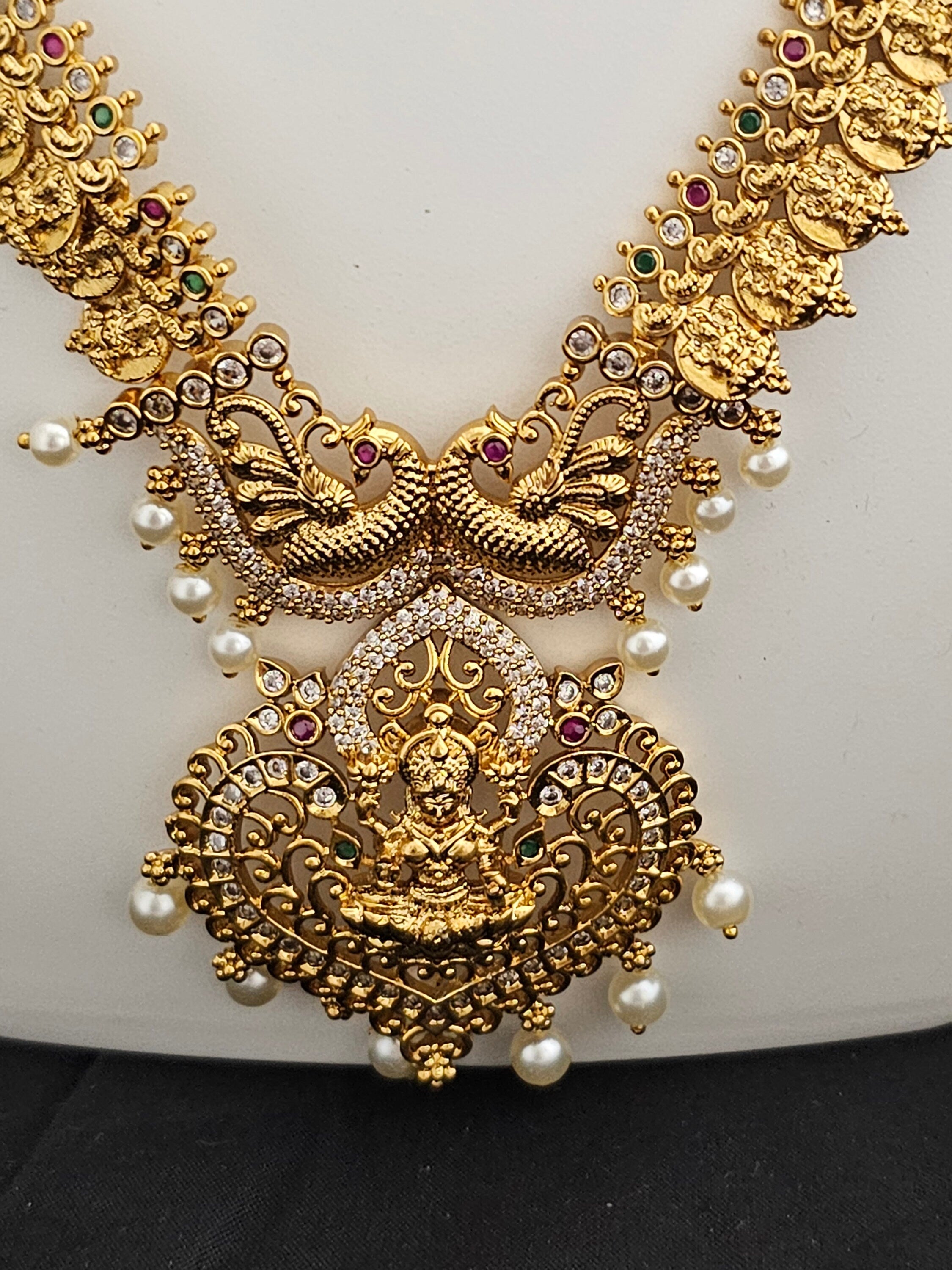Premium Quality Lakshmi gold finish Haram with Lakshmi Earrings - Temple Jewelry - Ethnic Jewelry