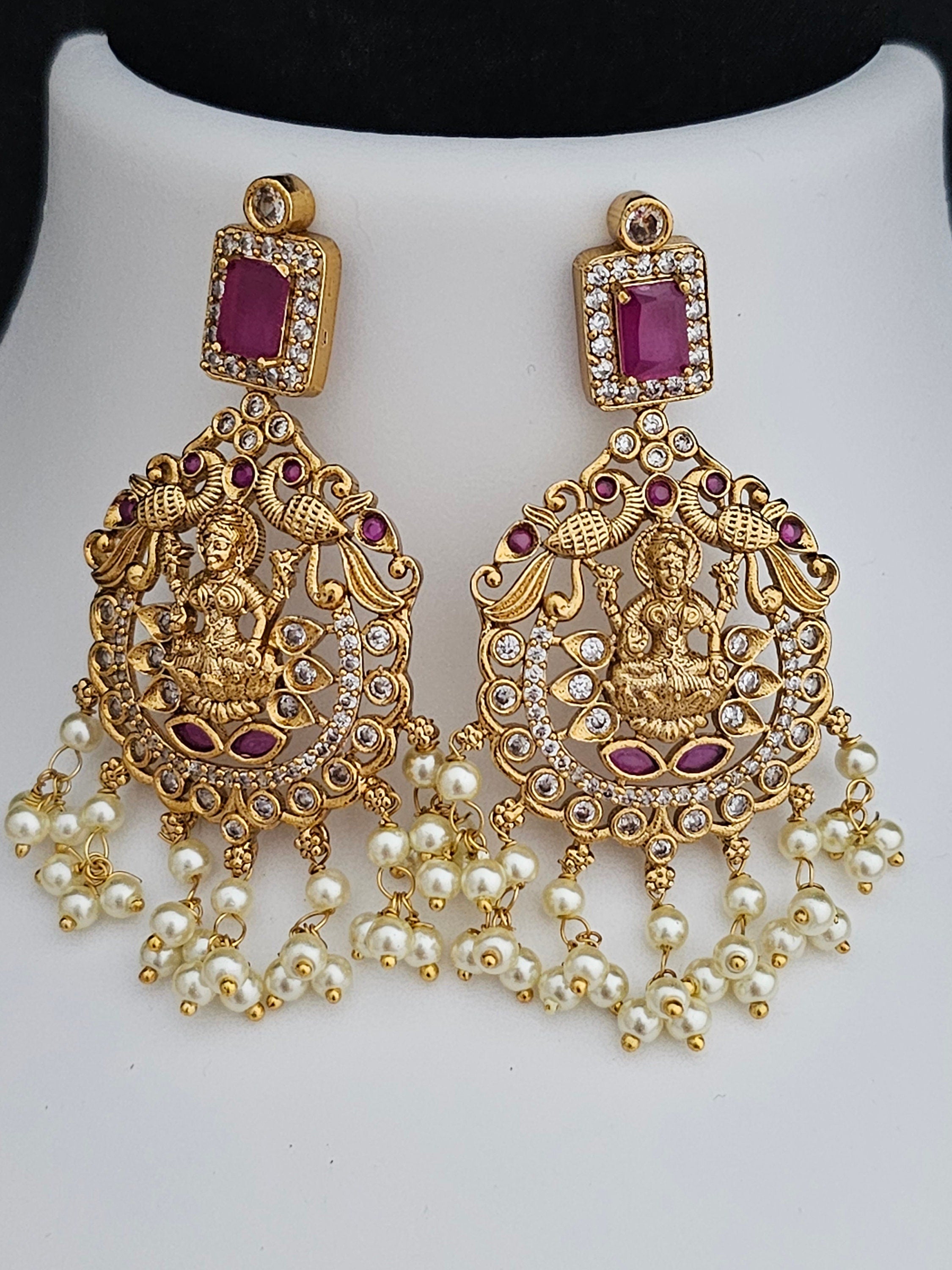 Lakshmi three layer Premium quality Gold Jewelry Replica Haram with hangings pearls with matching Earrings