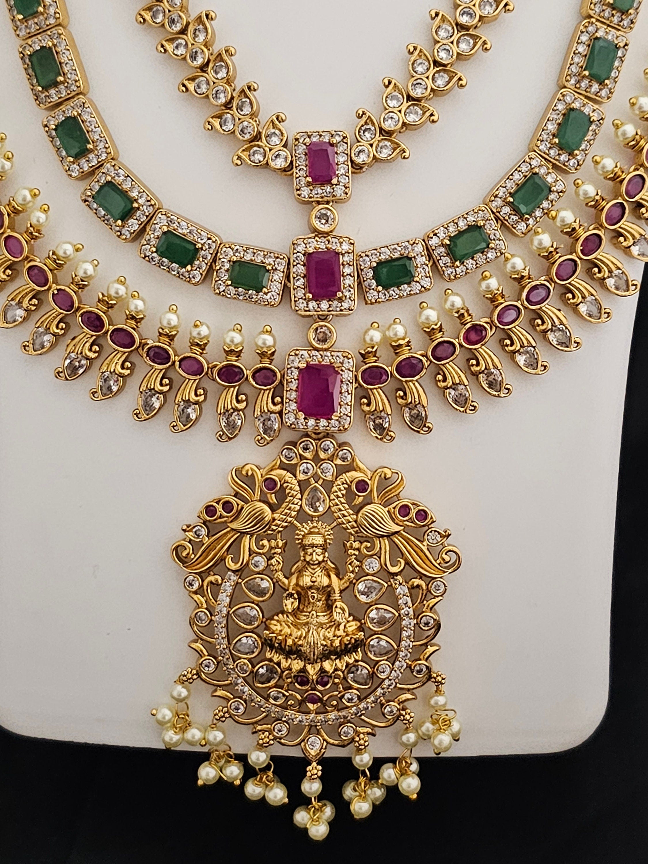 Lakshmi three layer Premium quality Gold Jewelry Replica Haram with hangings pearls with matching Earrings