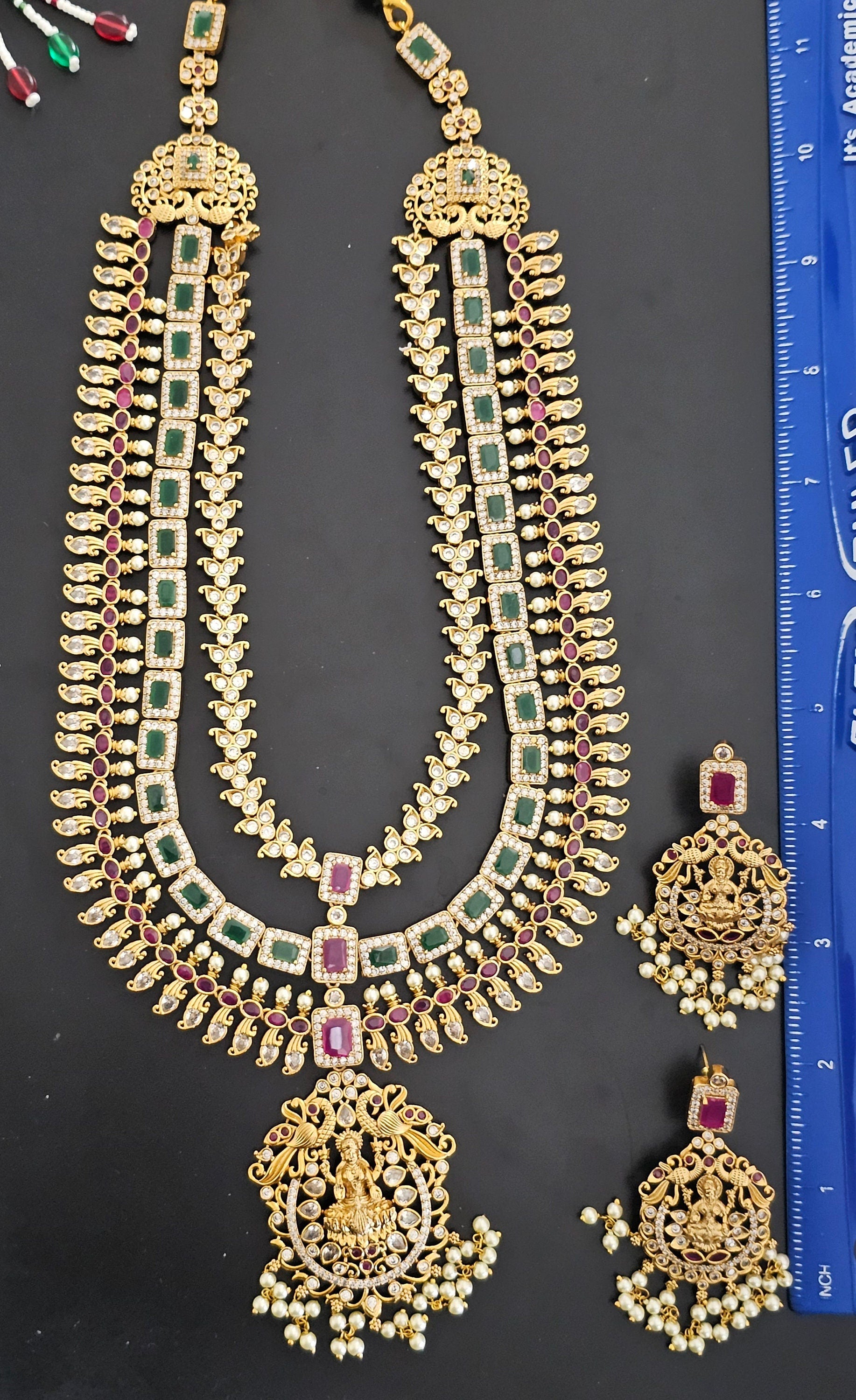 Lakshmi three layer Premium quality Gold Jewelry Replica Haram with hangings pearls with matching Earrings