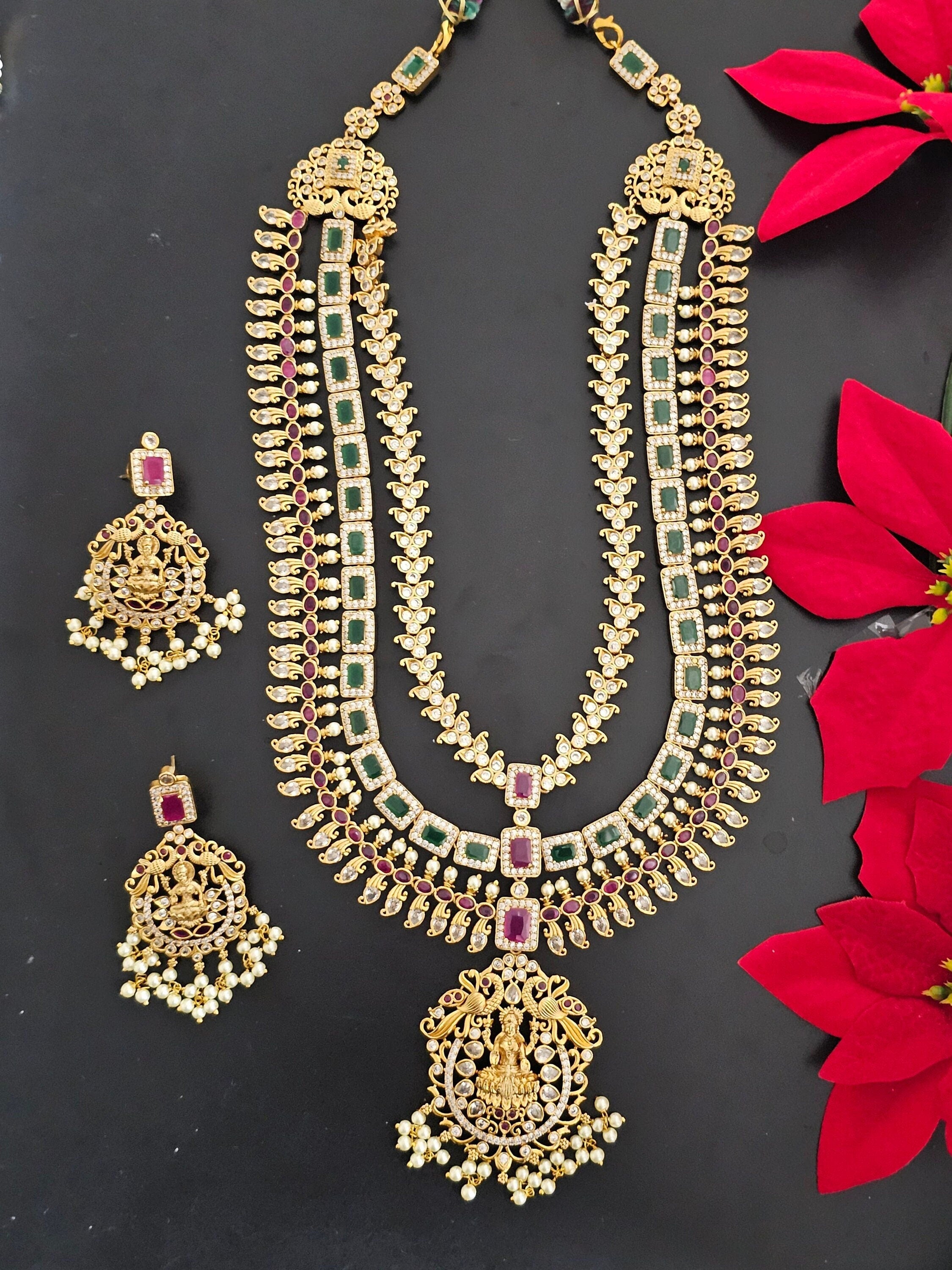 Lakshmi three layer Premium quality Gold Jewelry Replica Haram with hangings pearls with matching Earrings