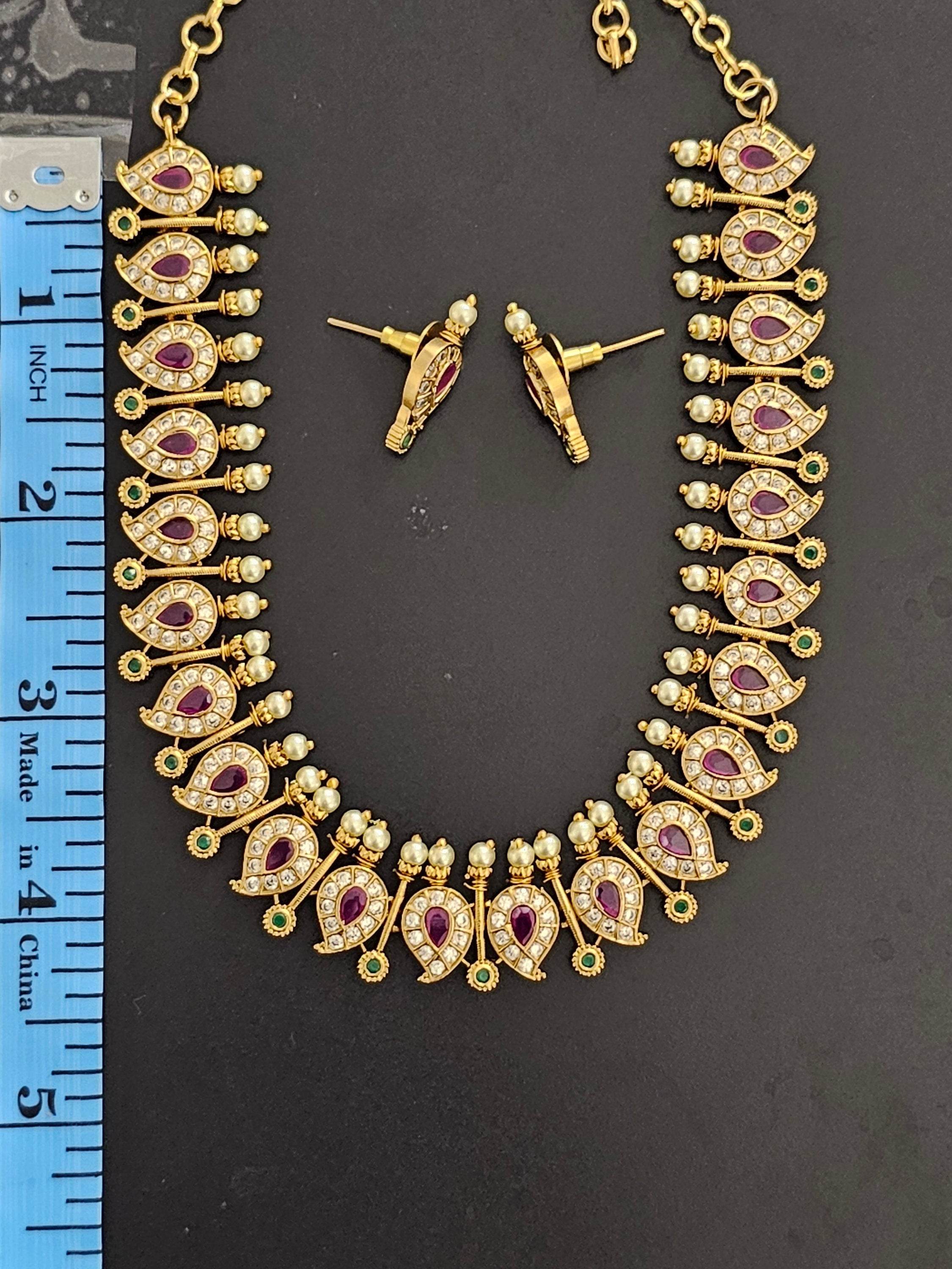 Premium Quality premium polish mango type matte finish stone necklace with matching Earrings  - Fashion Jewelry