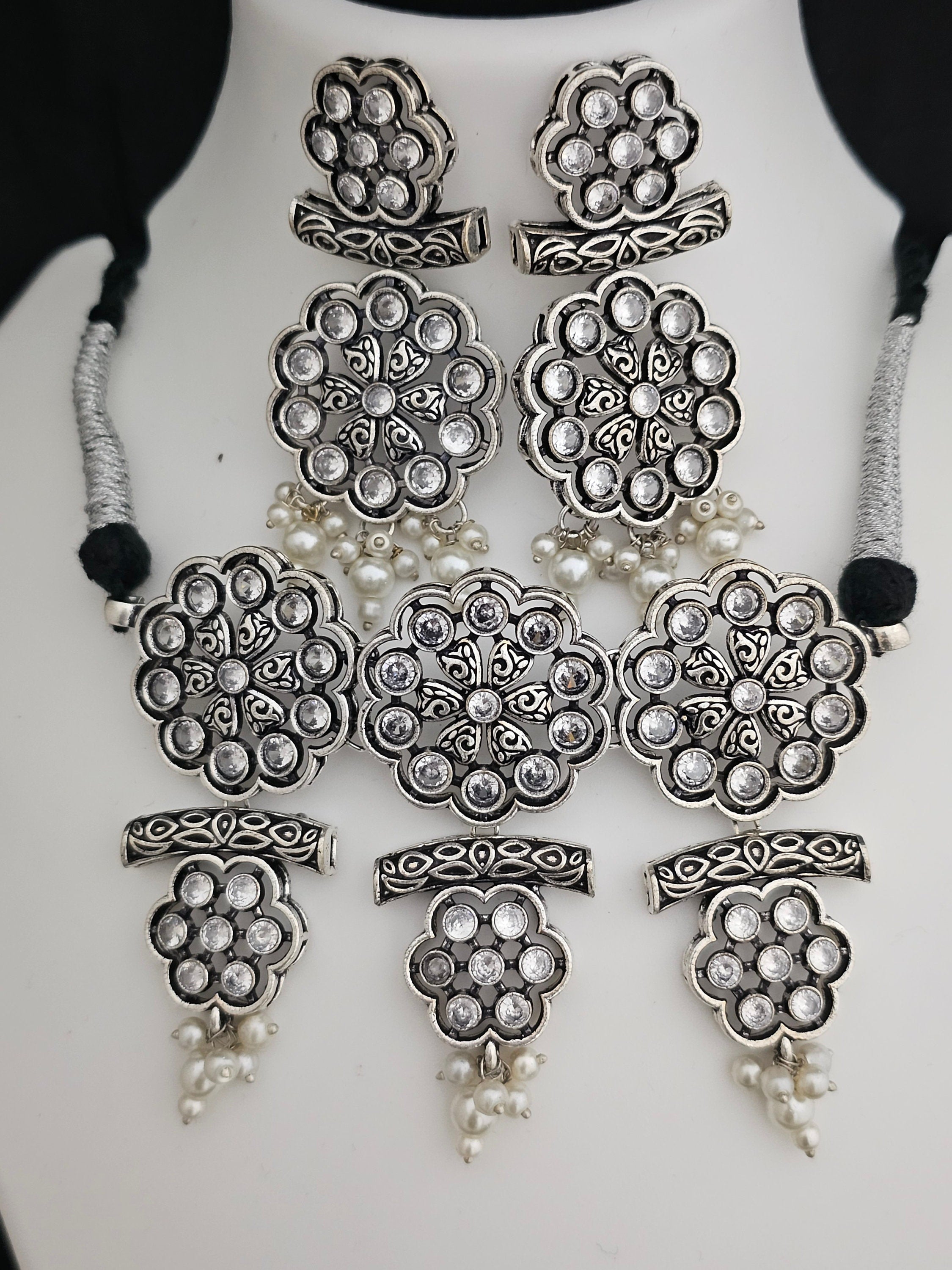 Premium quality Oxidized Silver Stone Flower Choker with matching Big Earrings