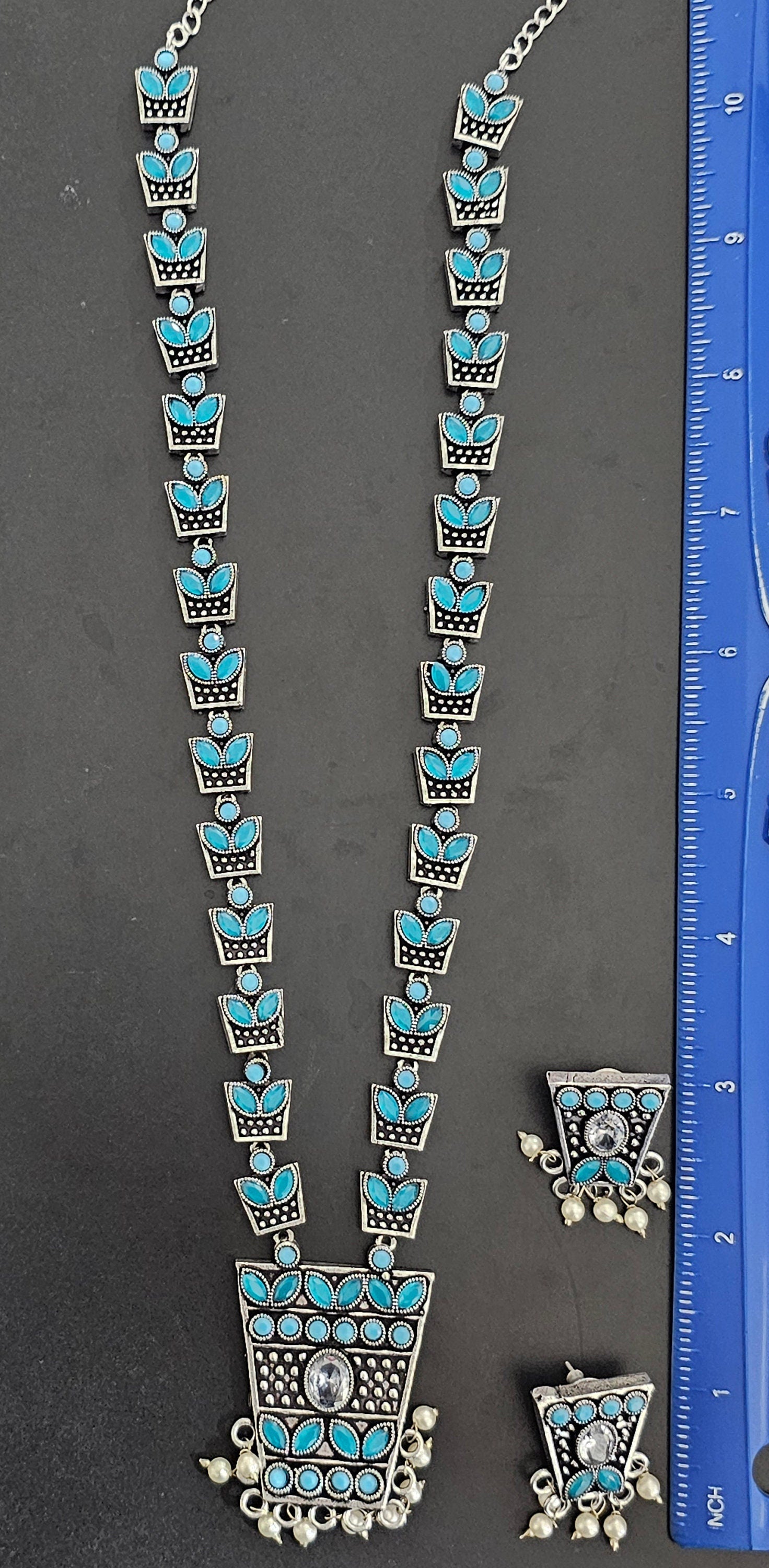 Premium Quality oxidized Silver Blue stone Haram with matching Earrings
