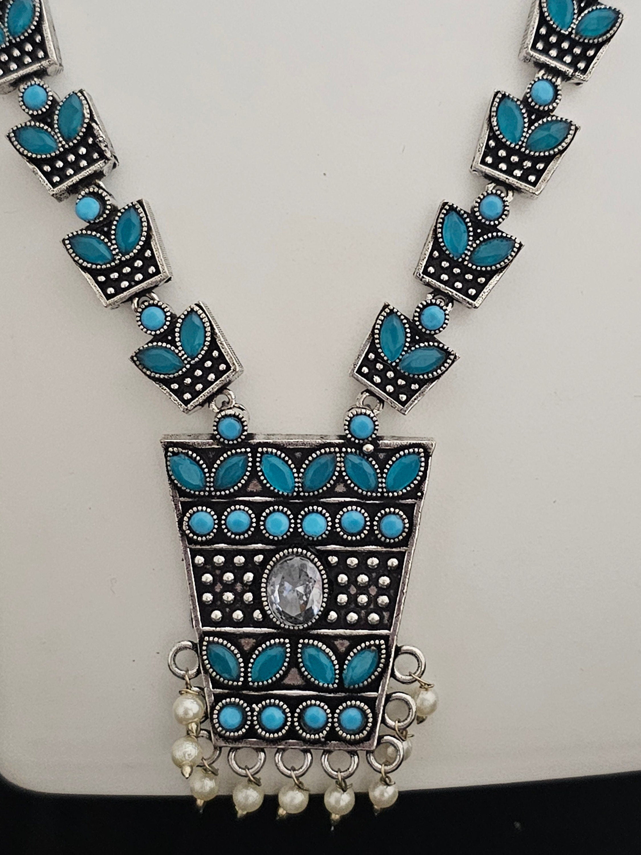 Premium Quality oxidized Silver Blue stone Haram with matching Earrings