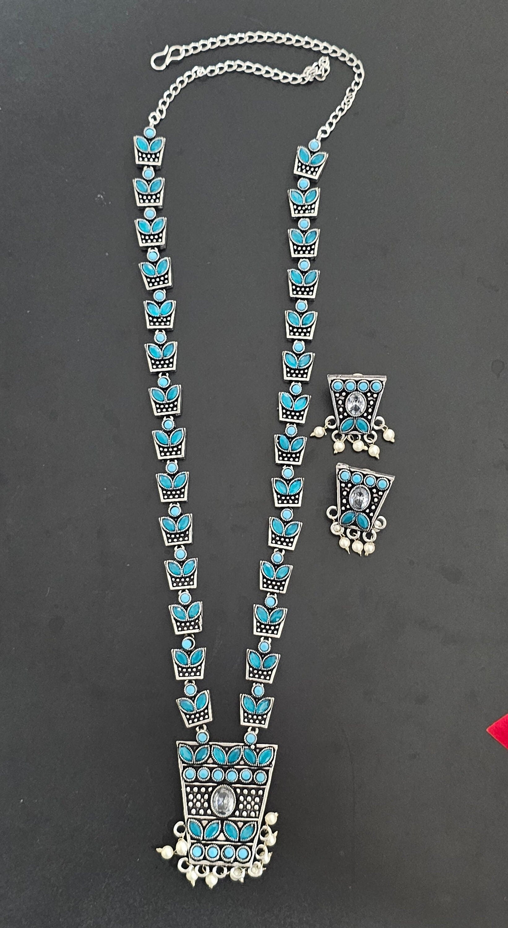 Premium Quality oxidized Silver Blue stone Haram with matching Earrings