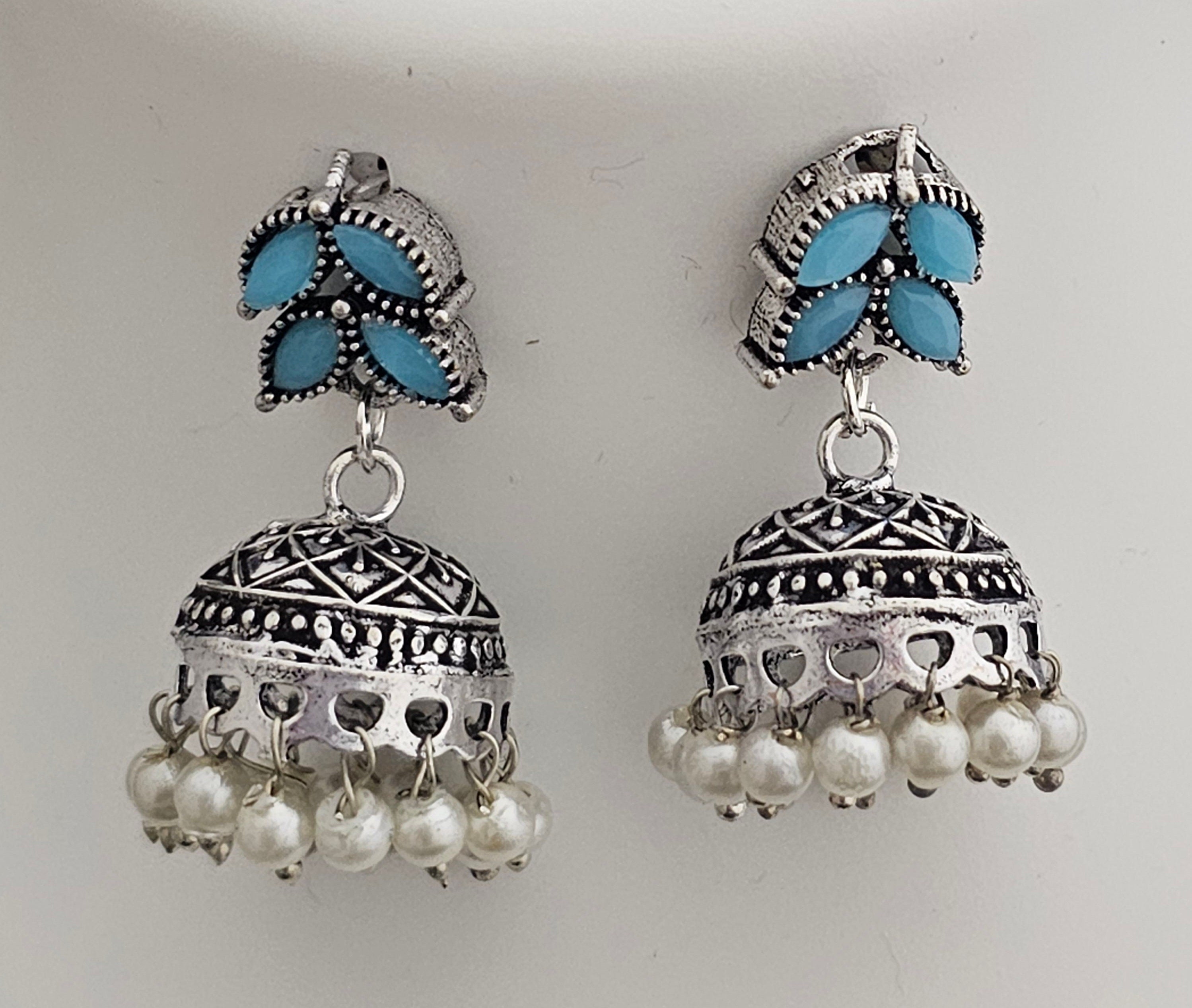 Oxidized Silver blue stone Leaves design Necklace with matching cute Jhumki