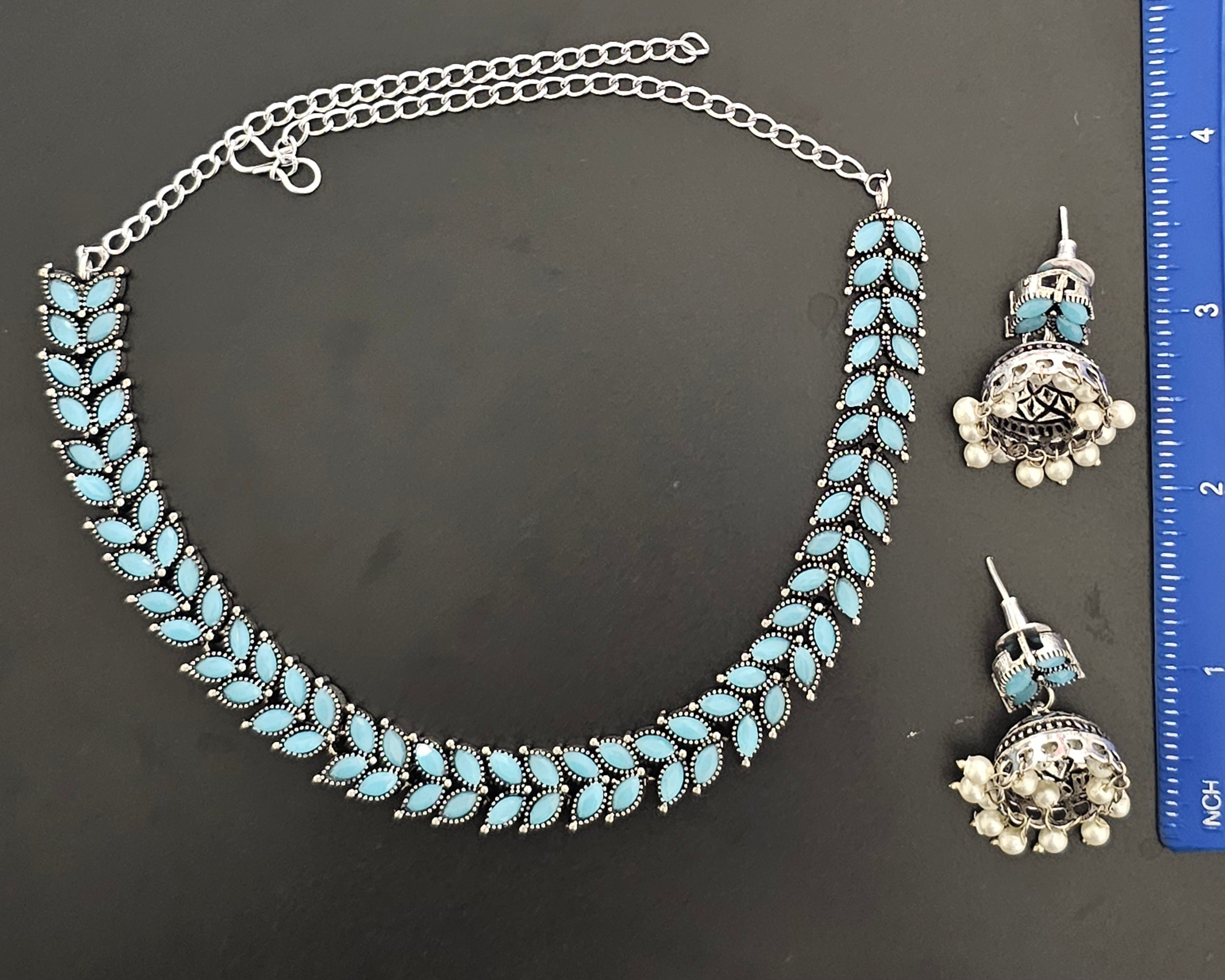 Oxidized Silver blue stone Leaves design Necklace with matching cute Jhumki