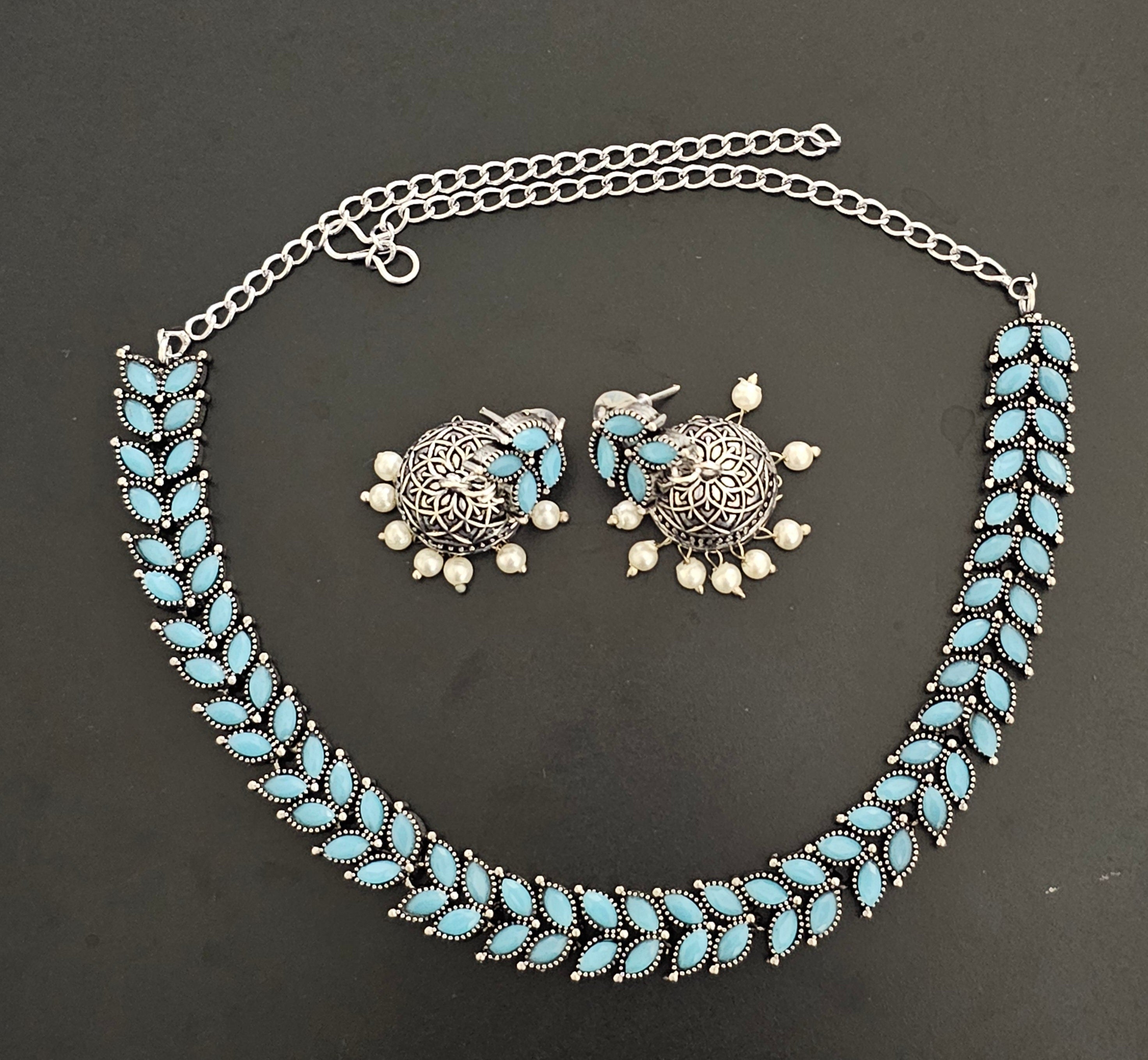 Oxidized Silver blue stone Leaves design Necklace with matching cute Jhumki