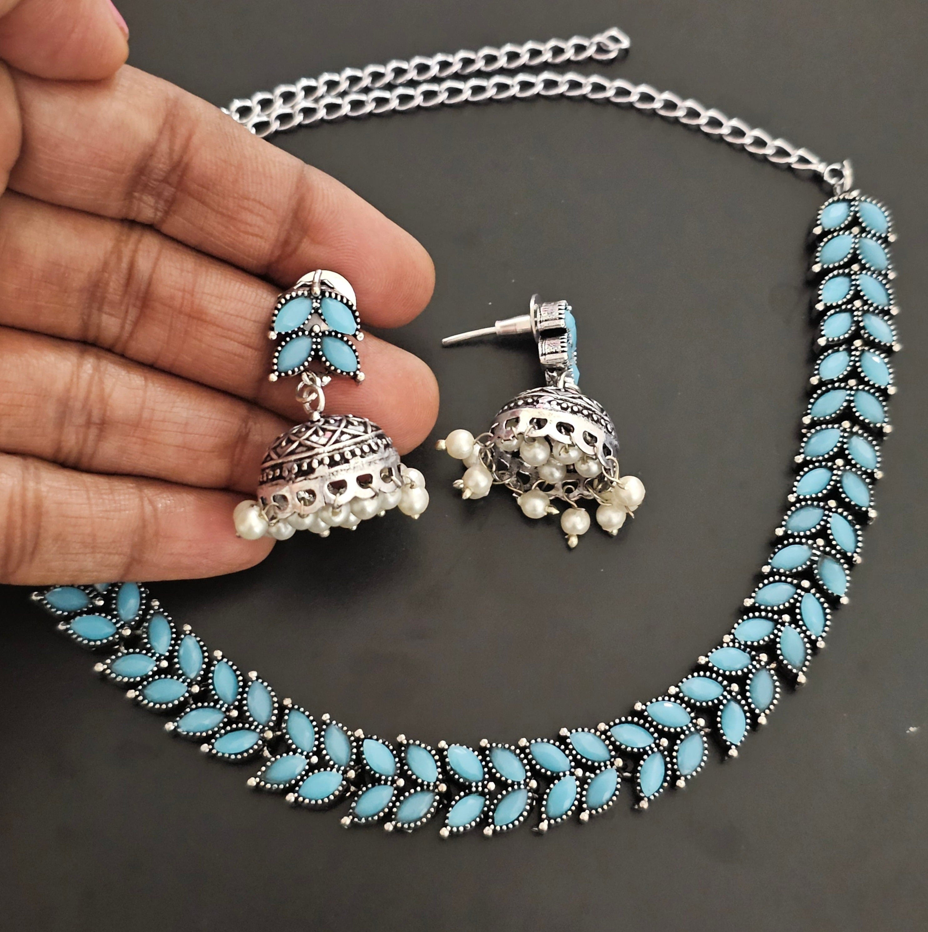 Oxidized Silver blue stone Leaves design Necklace with matching cute Jhumki
