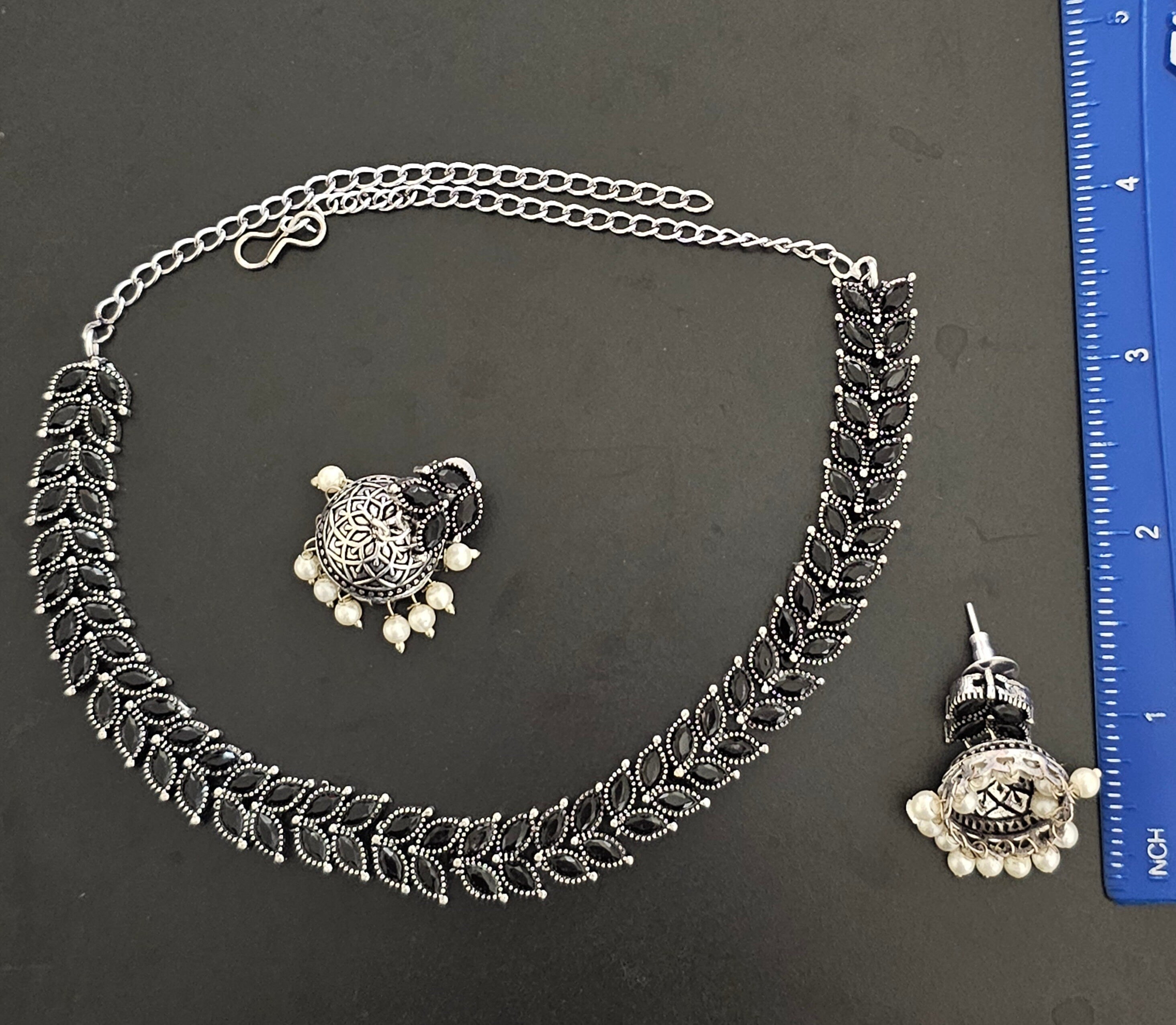 Oxidized Silver black stone Leaves design Necklace with matching cute Jhumki