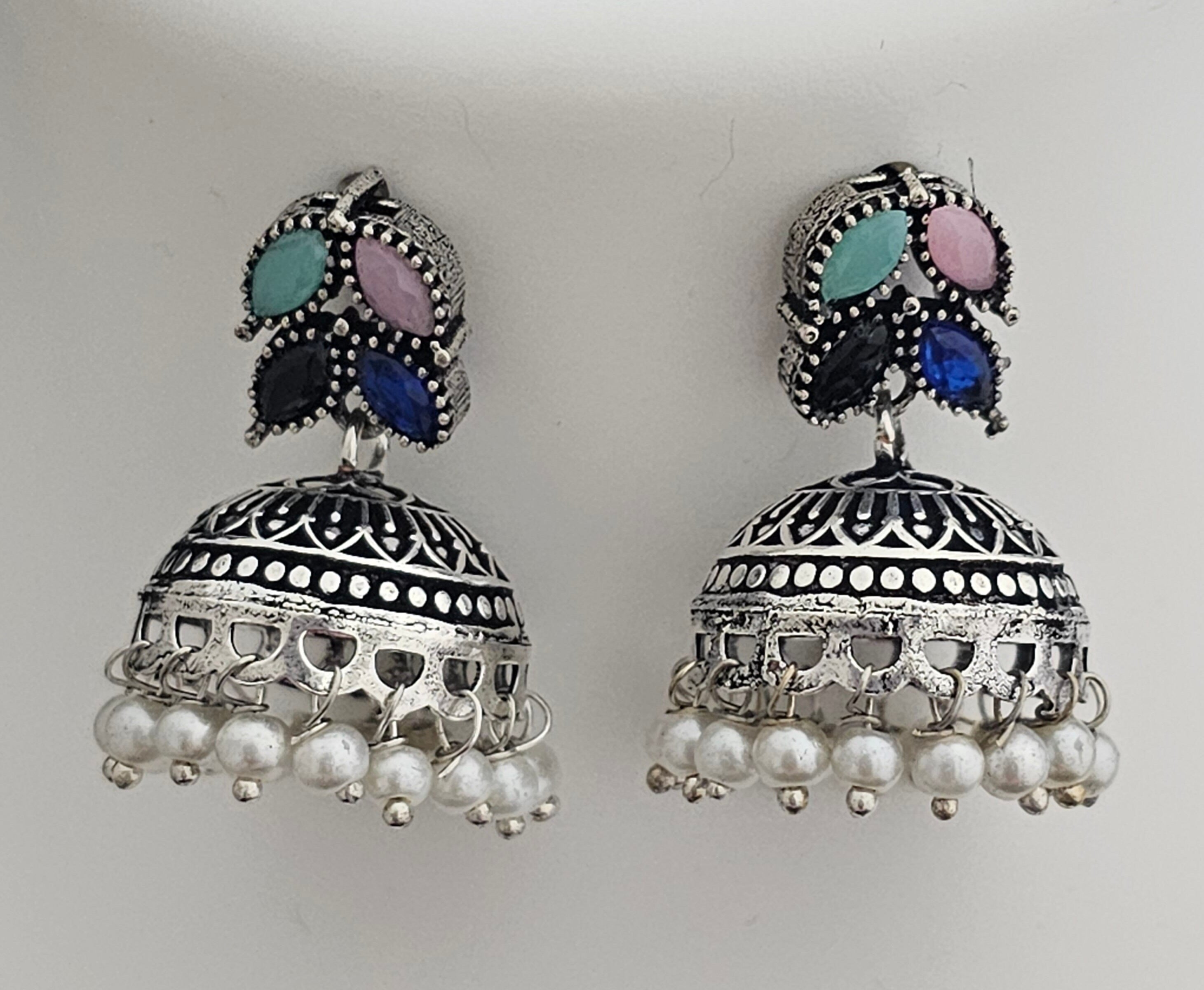 Oxidized Silver Multi-color stone Leaves design Necklace with matching cute Jhumki