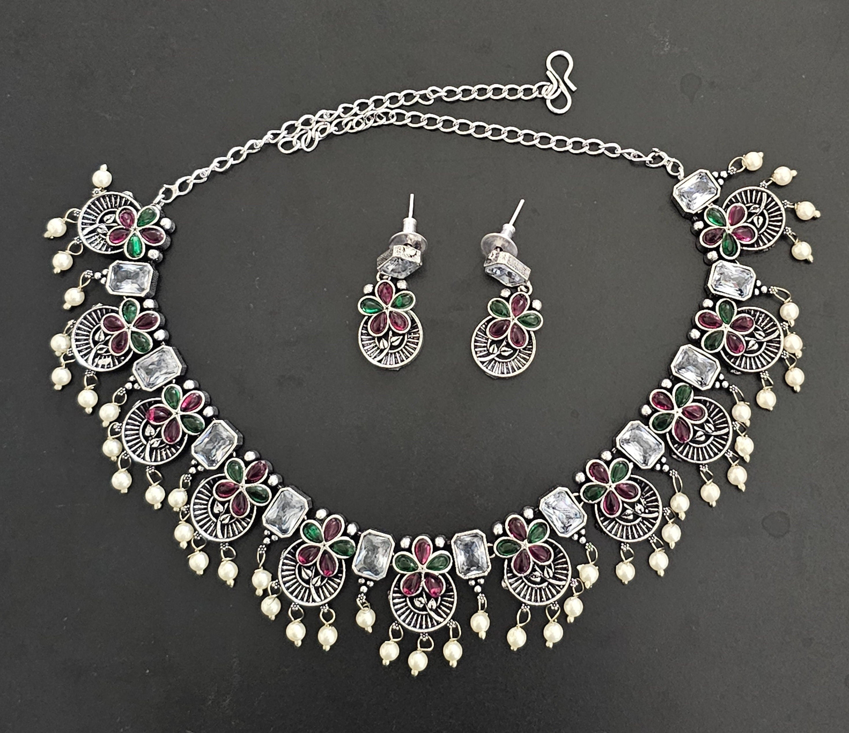 Premium quality partywear Oxidized silver Multi-color stone Necklace with matching Earrings