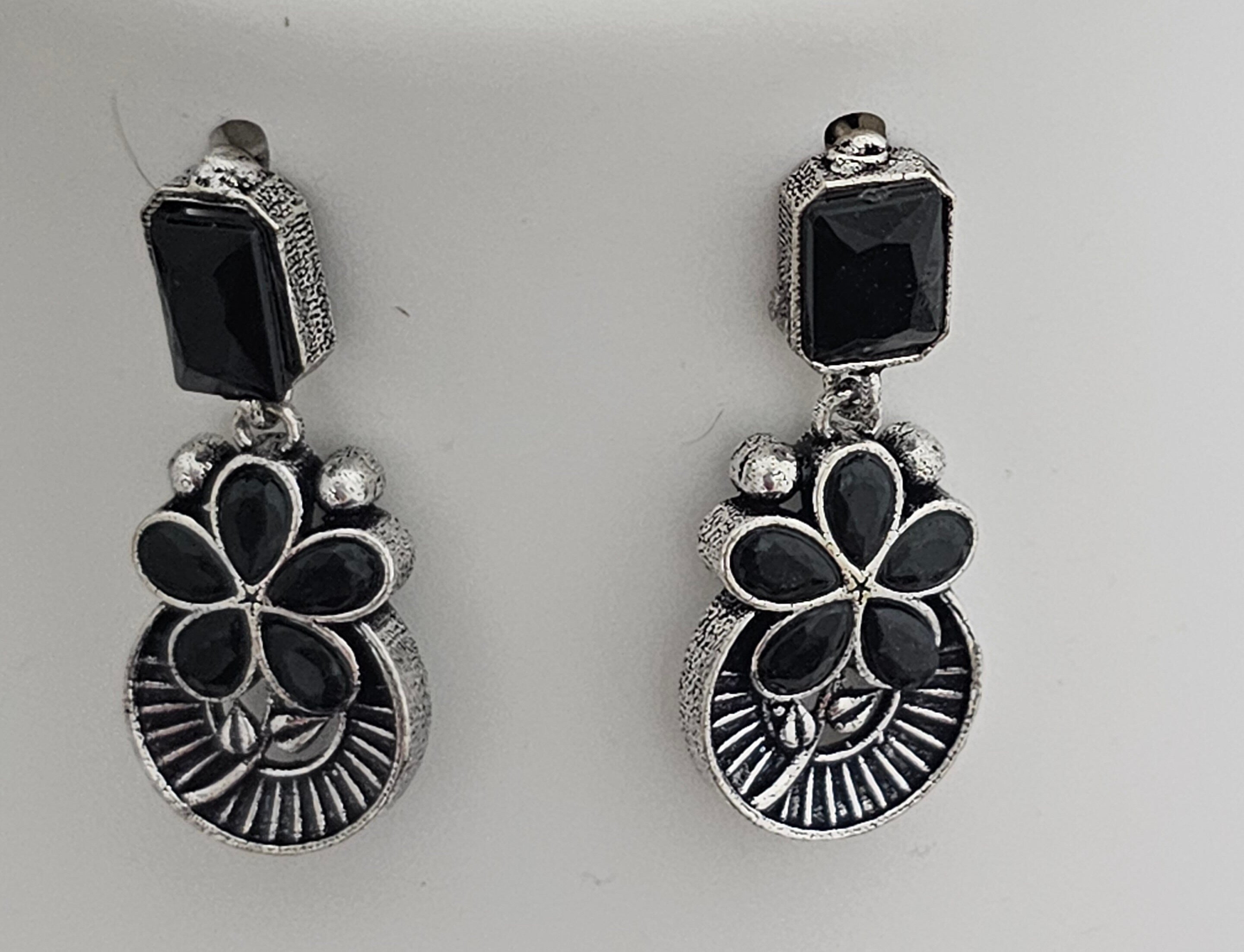 Premium quality partywear Oxidized silver Black Color stone Necklace with matching Earrings