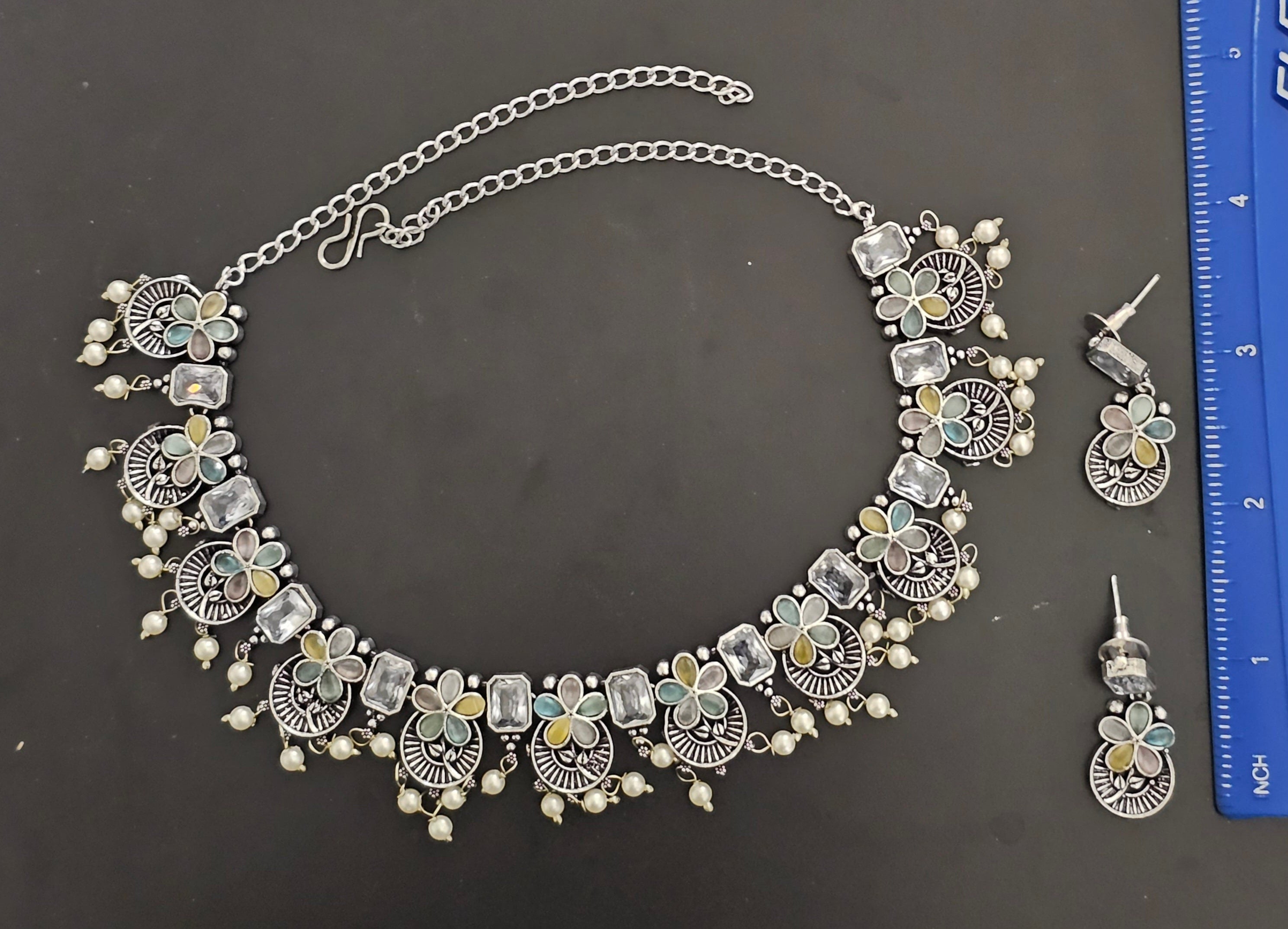 Premium quality partywear Oxidized silver Multi-Color stone Necklace with matching Earrings