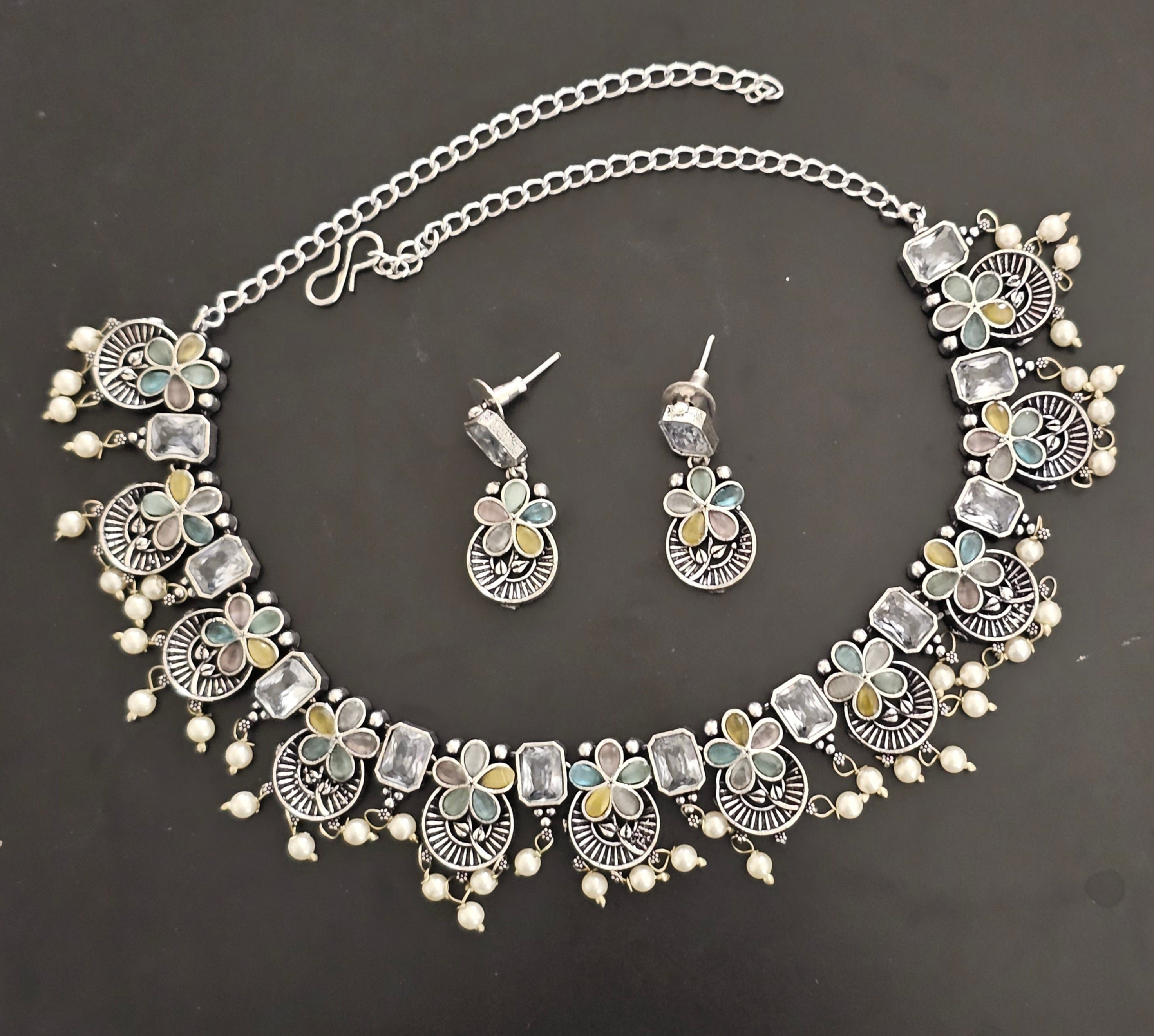 Premium quality partywear Oxidized silver Multi-Color stone Necklace with matching Earrings