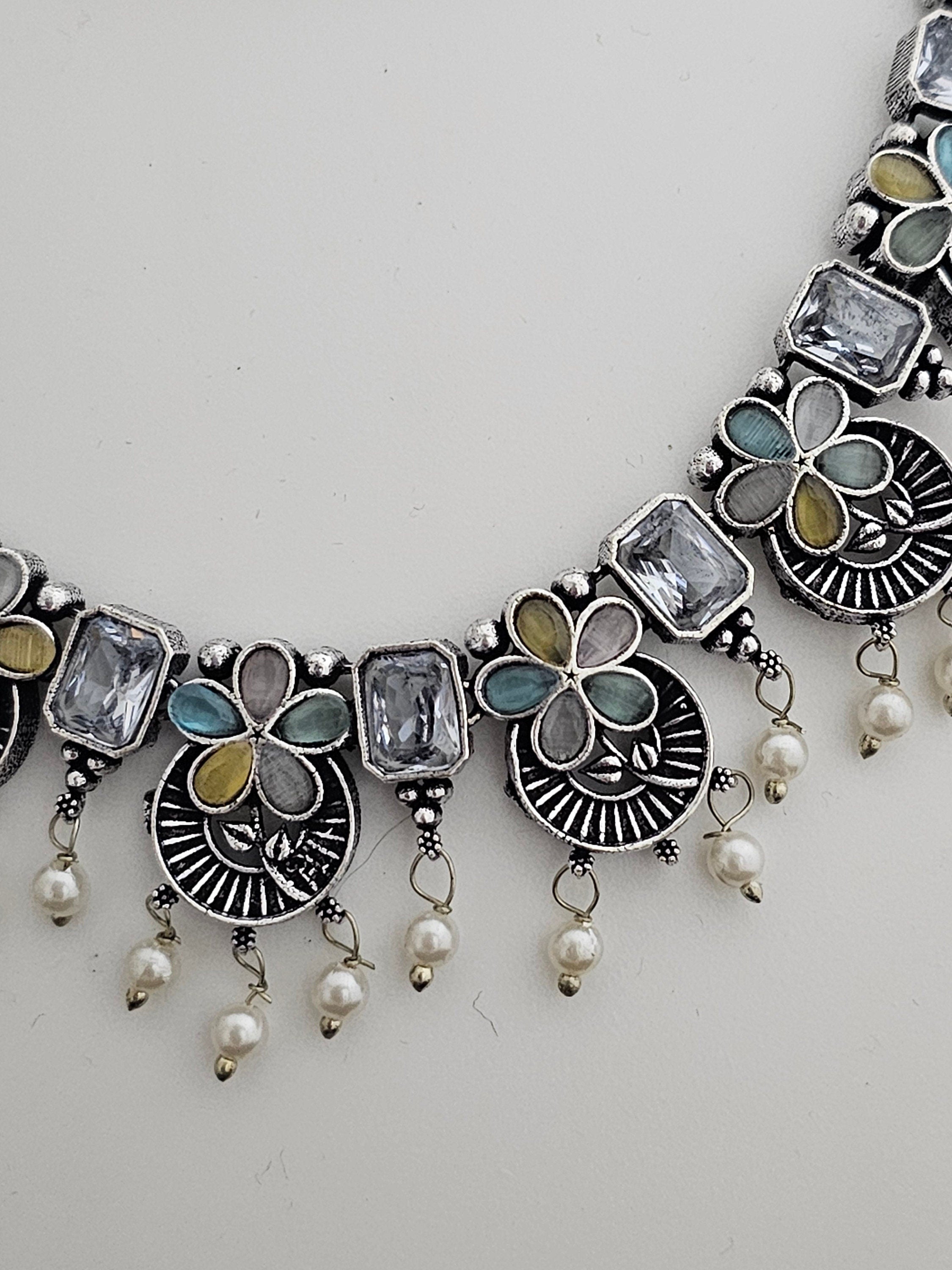 Premium quality partywear Oxidized silver Multi-Color stone Necklace with matching Earrings