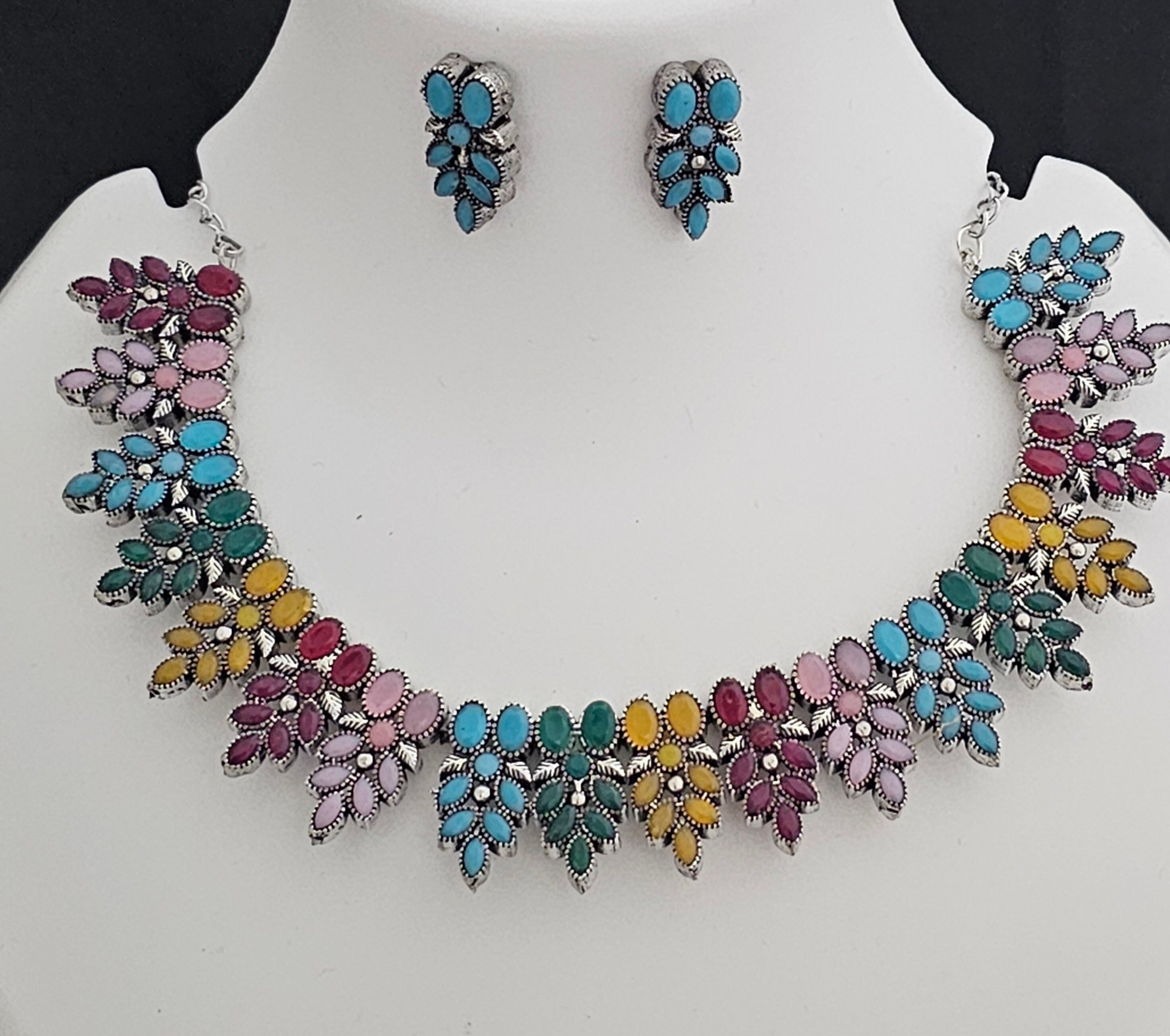 Premium quality partywear Oxidized silver Multi-Color stone Necklace with matching Earrings