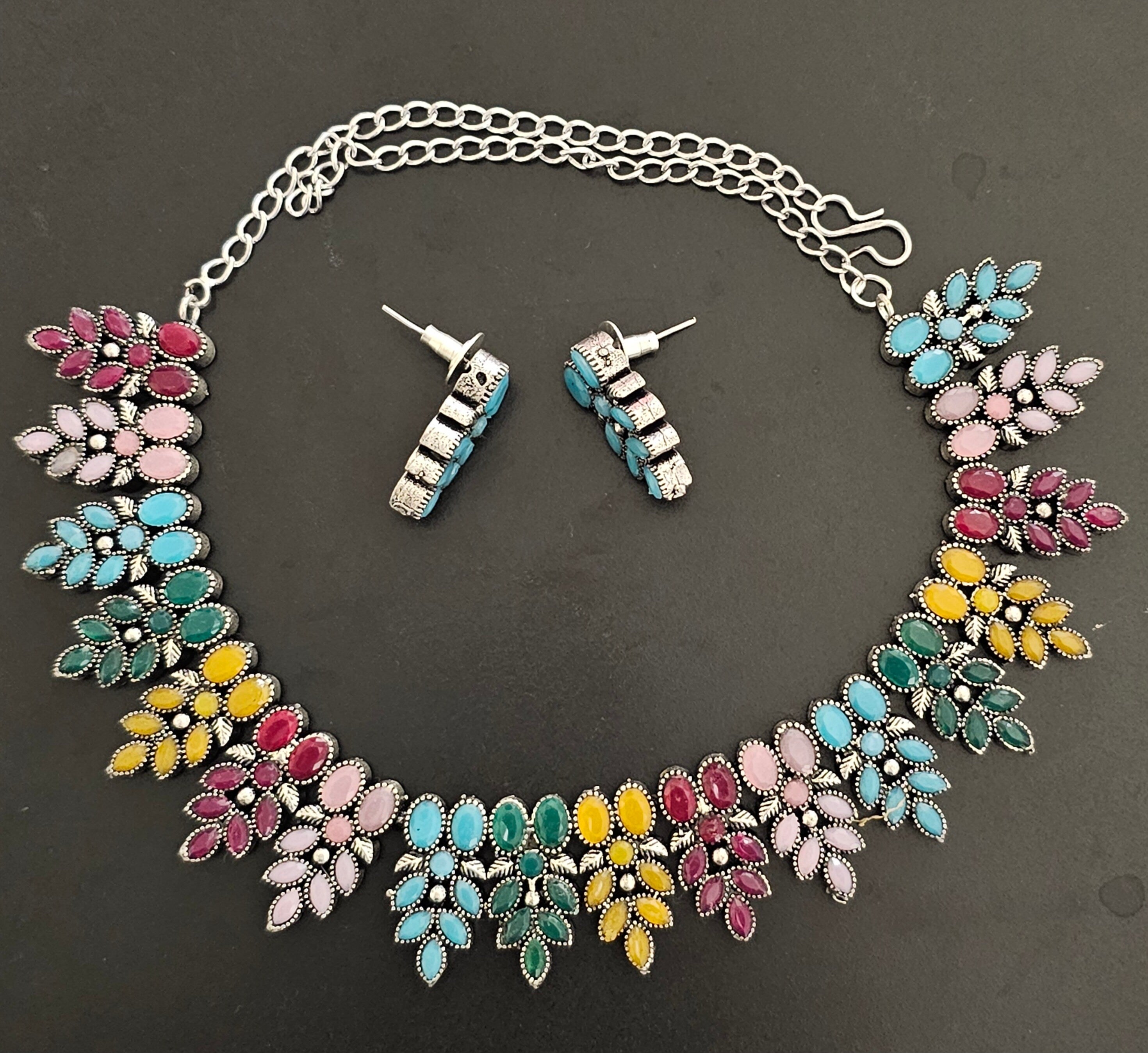 Premium quality partywear Oxidized silver Multi-Color stone Necklace with matching Earrings