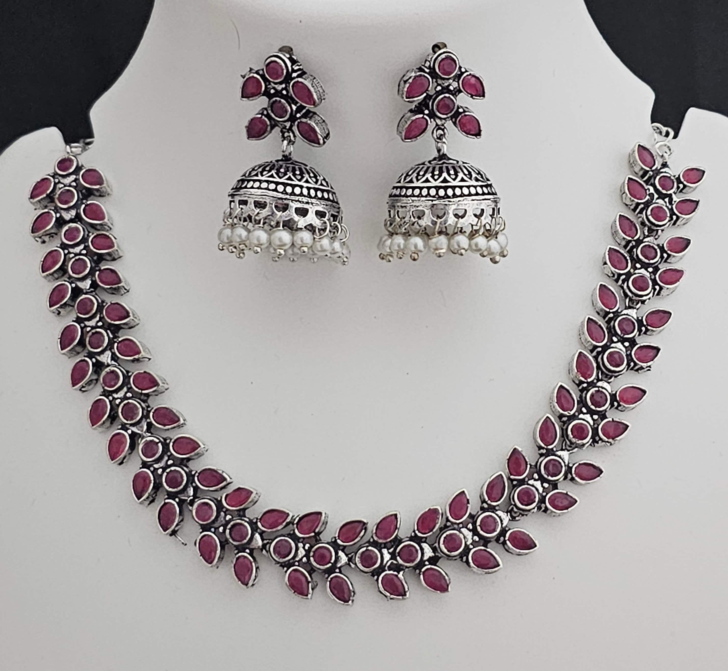 Leaves design Oxidized silver pink stone Necklace with matching Cute Jhumka