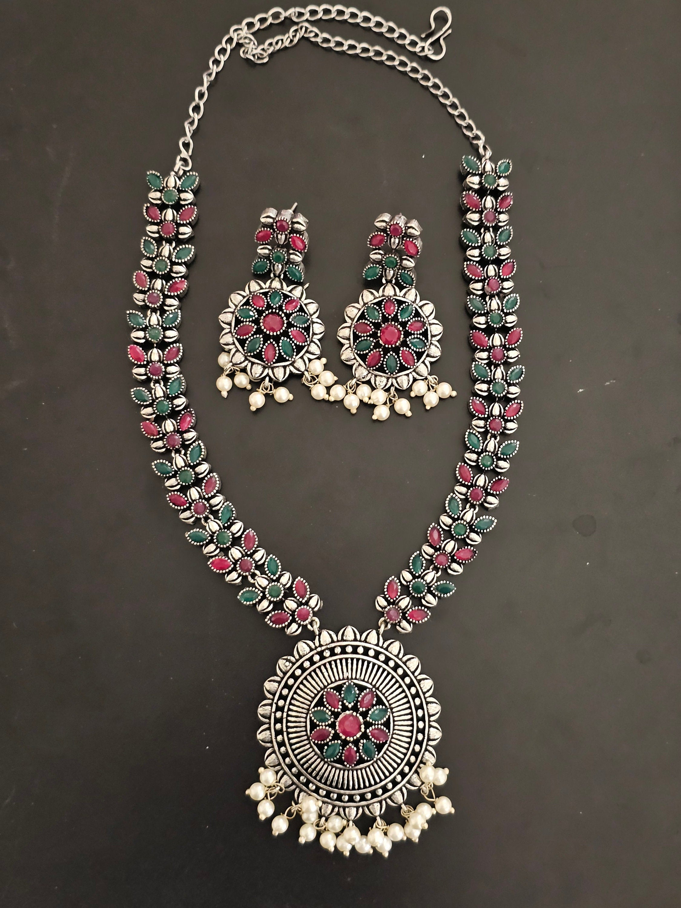 Oxidized Silver Multi-color stone Middle Haram with matching Earrings