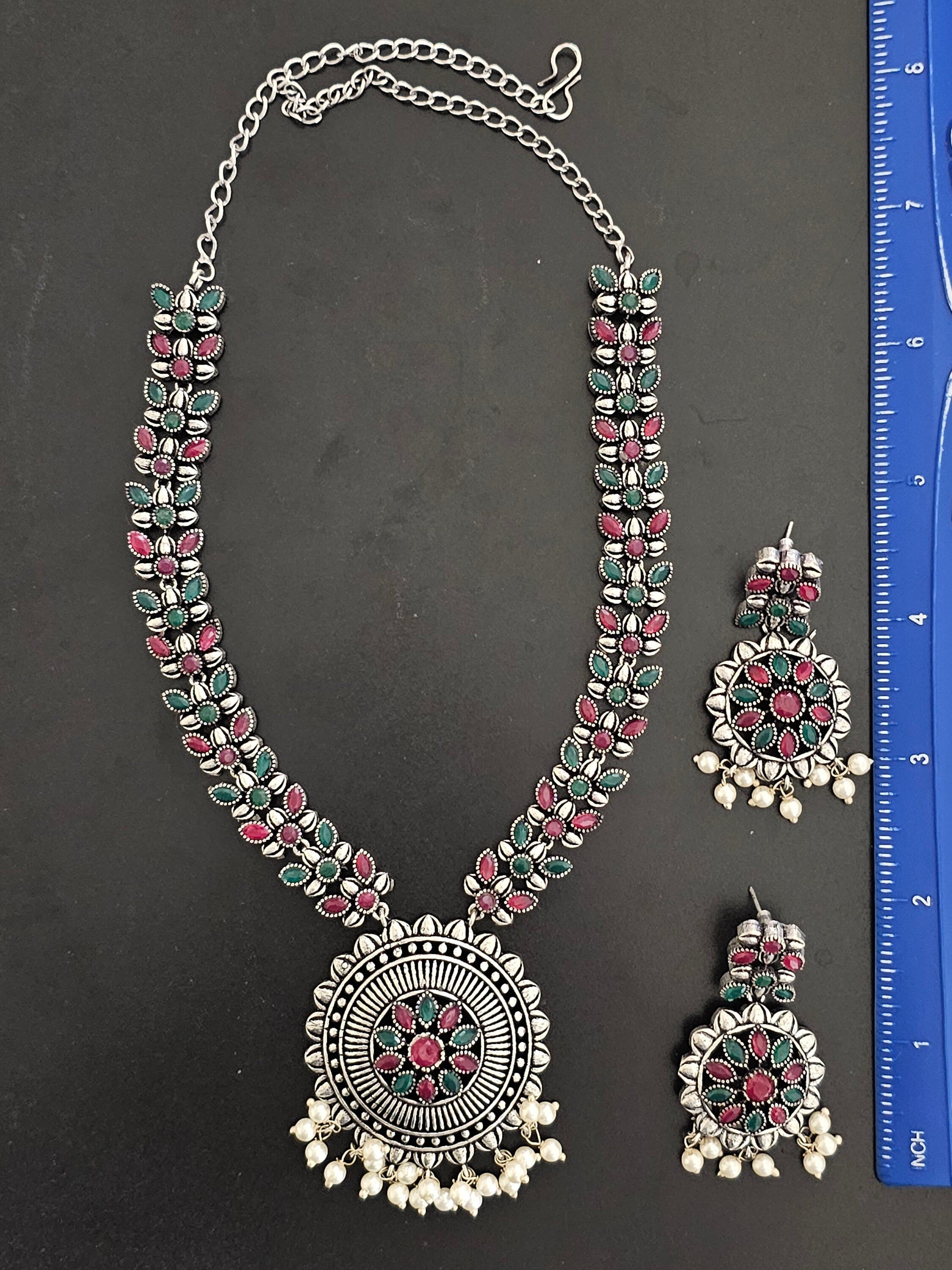 Oxidized Silver Multi-color stone Middle Haram with matching Earrings