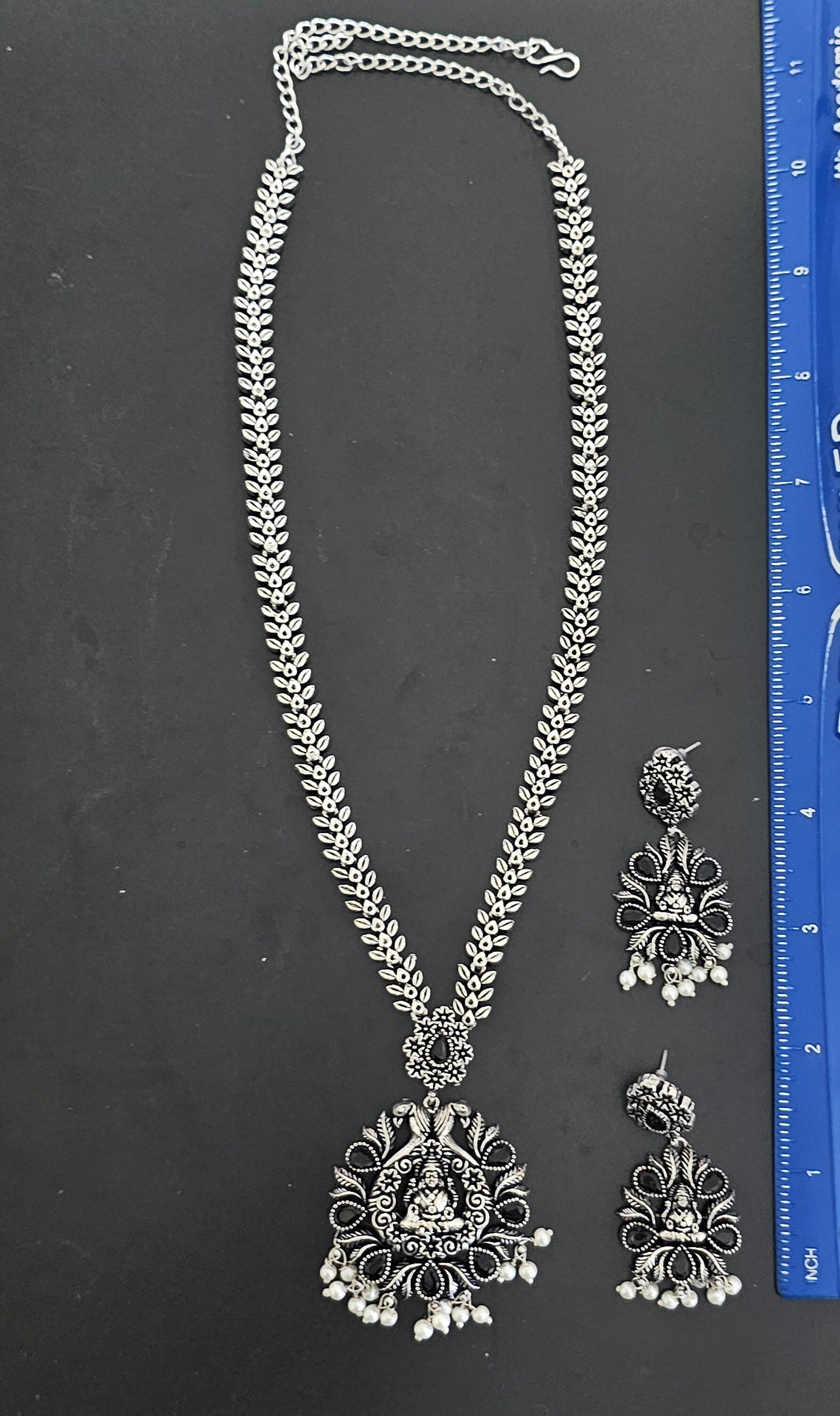 Lakshmi Oxidized Silver Black stone Haram with matching Earrings