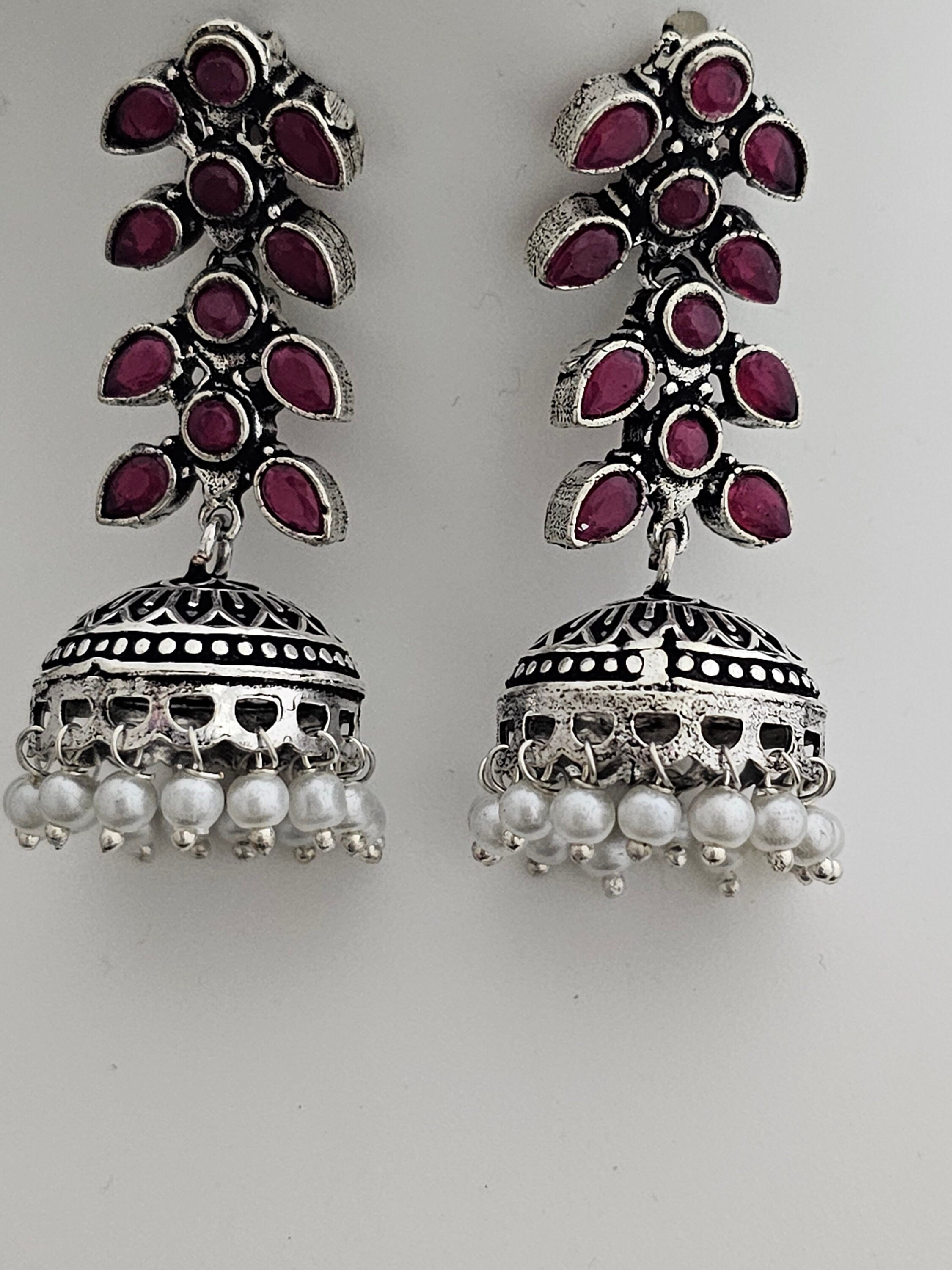 Leaves design Oxidized silver pink stone Haram with matching long Jhumka