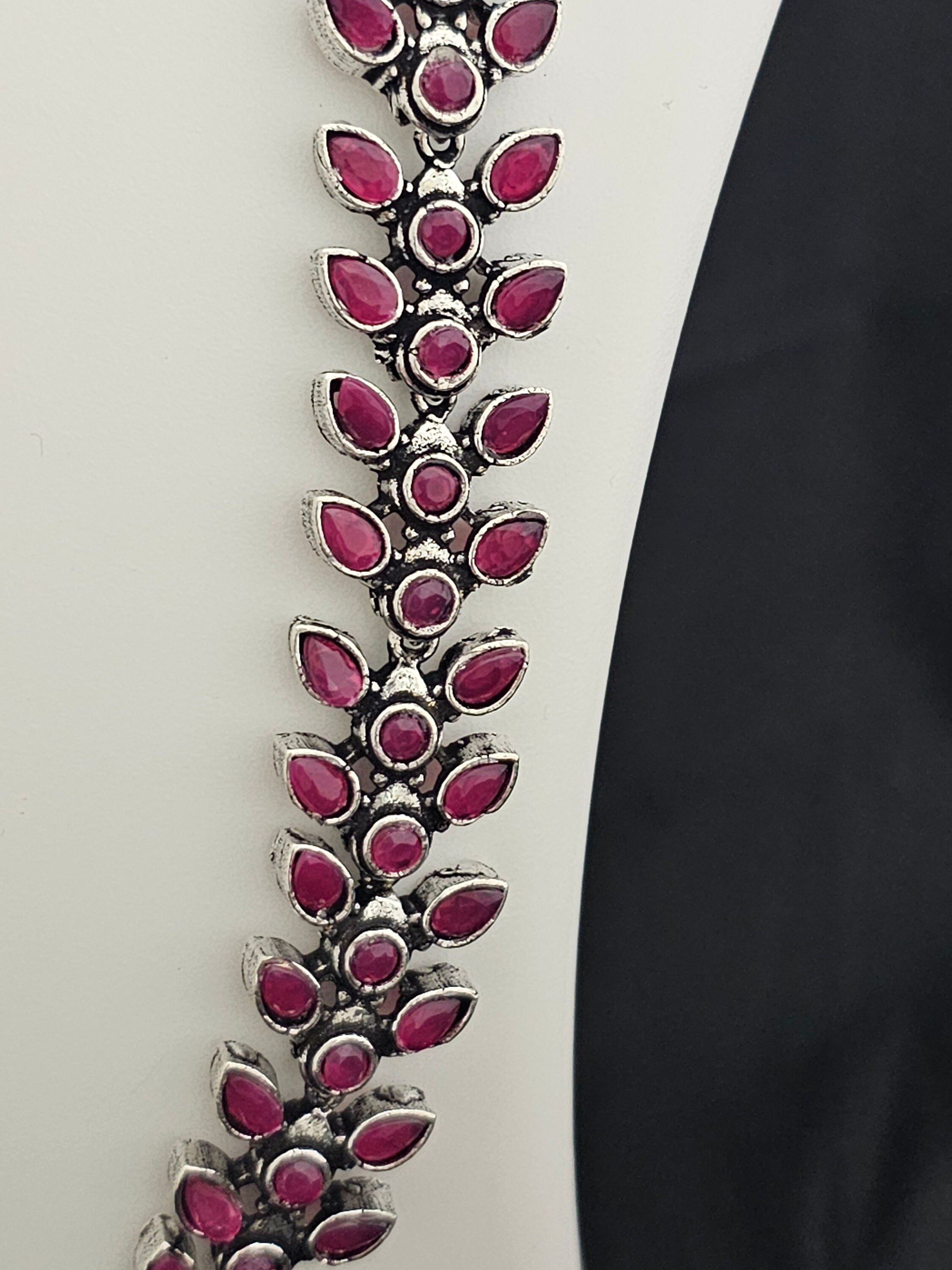 Leaves design Oxidized silver pink stone Haram with matching long Jhumka