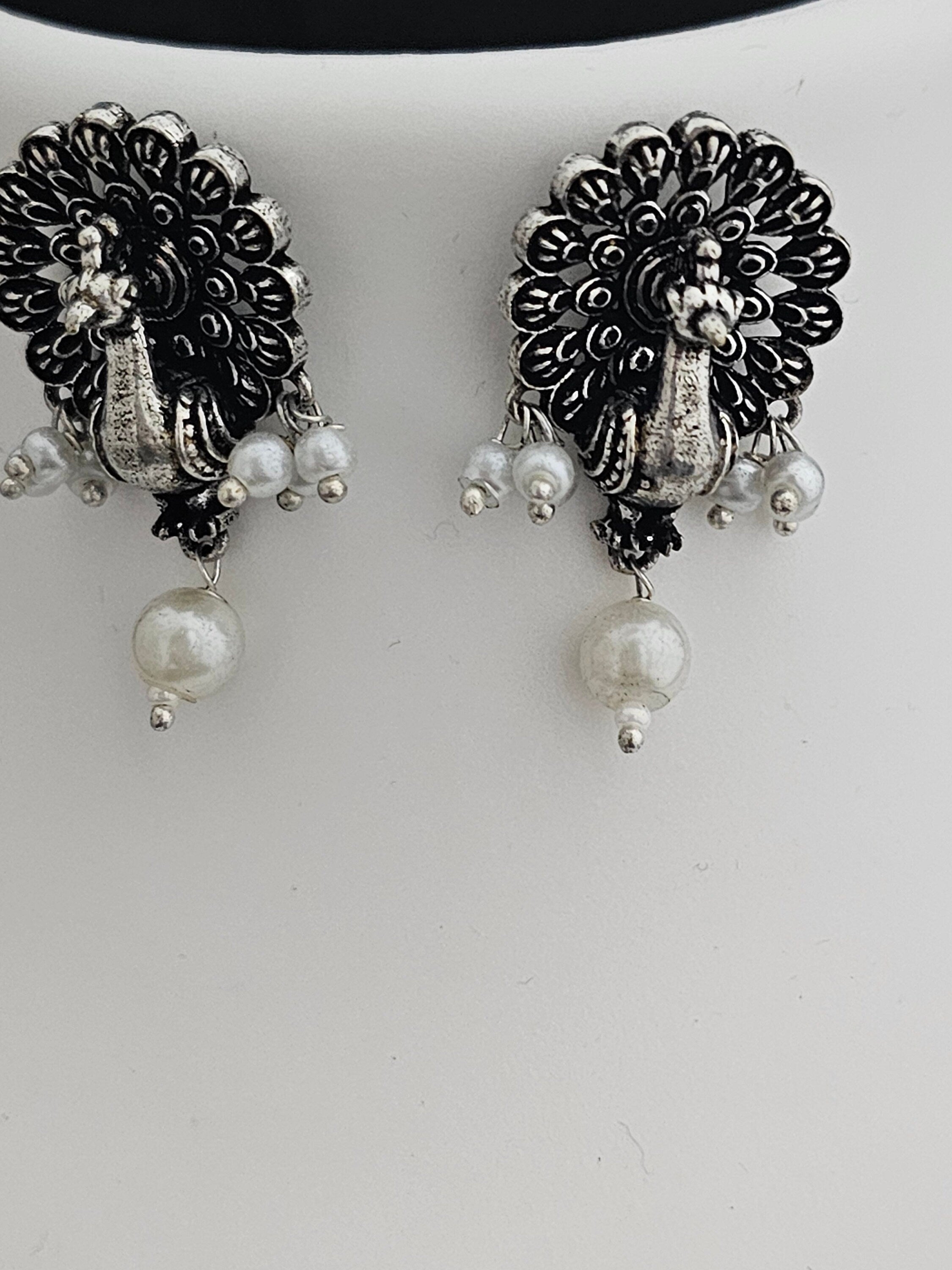 Peacock Oxidized Silver Middle Haram with matching Earrings