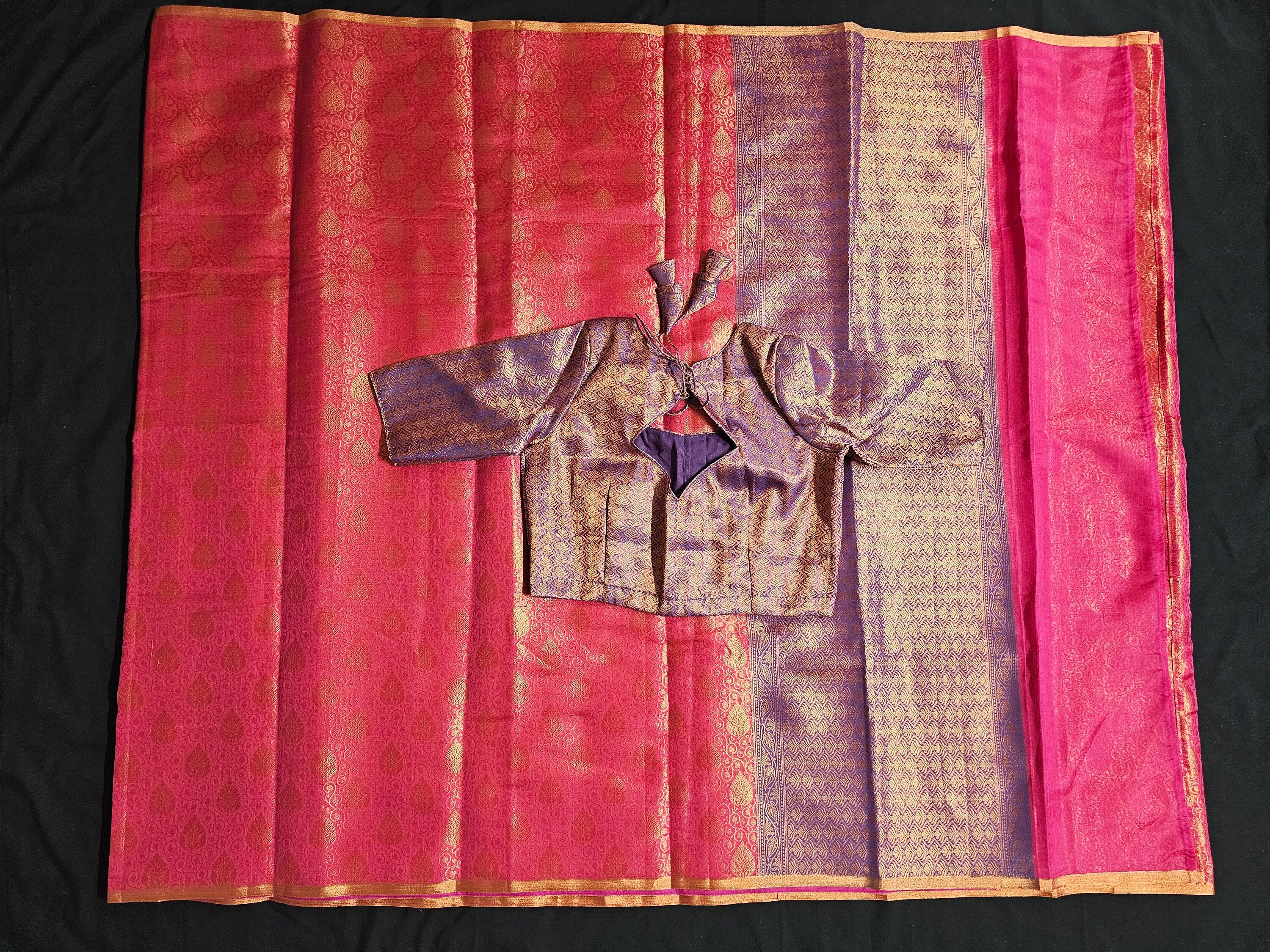 Nayana Brocade Silk Pink Purple Saree with Purple stitched blouse - Blouse size 38 (Upto 40)