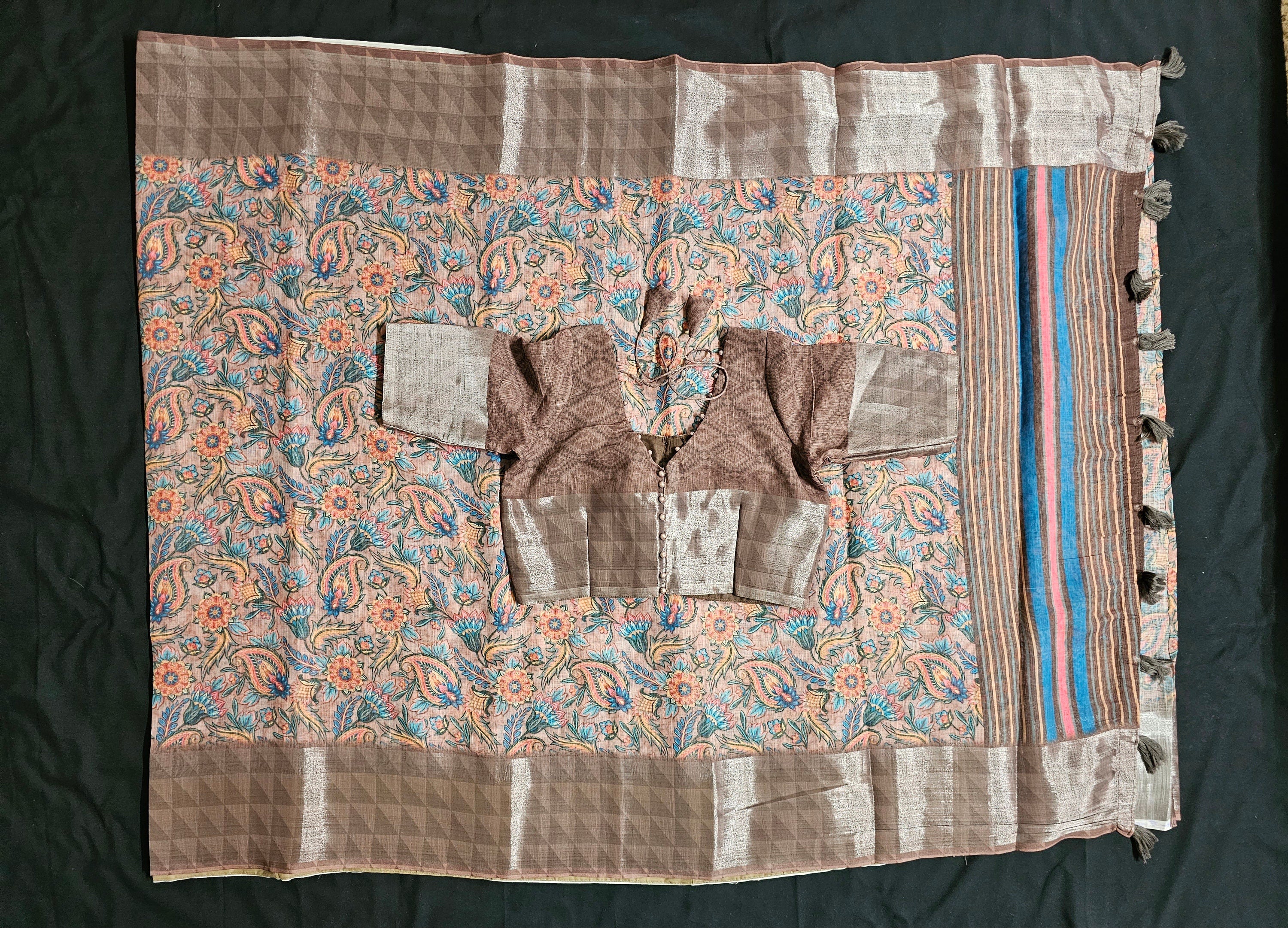 Yashika Printed Linen Saree with Multicolor Print - Saree  with stitched blouse - Blouse size 38 (Upto 40)
