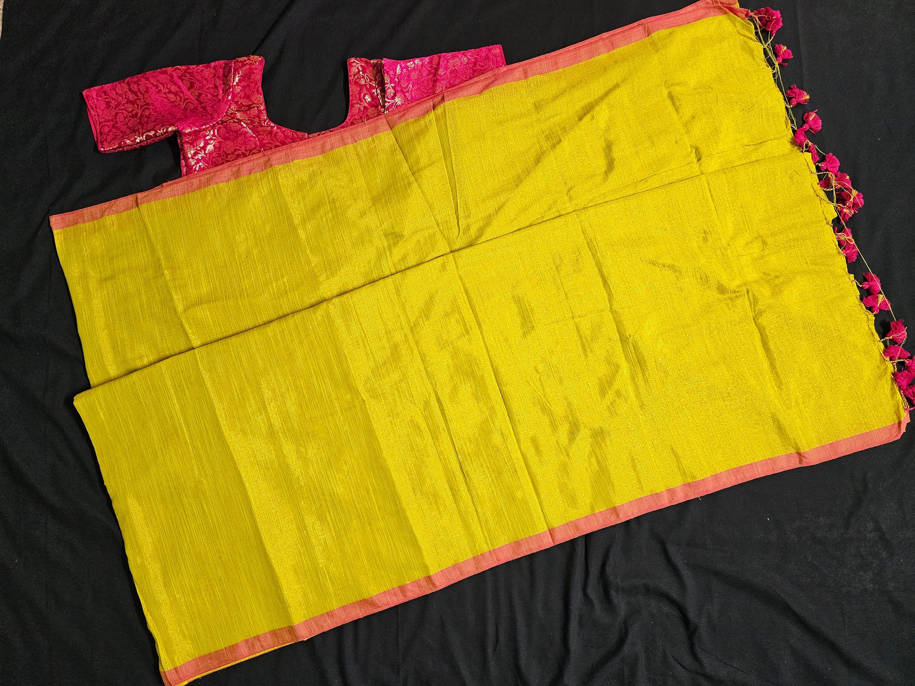 Azhagi Magil Tissue Linen Silk Lite green Saree with pink blouse- Saree  with stitched blouse - Blouse size 36 (Upto 38)