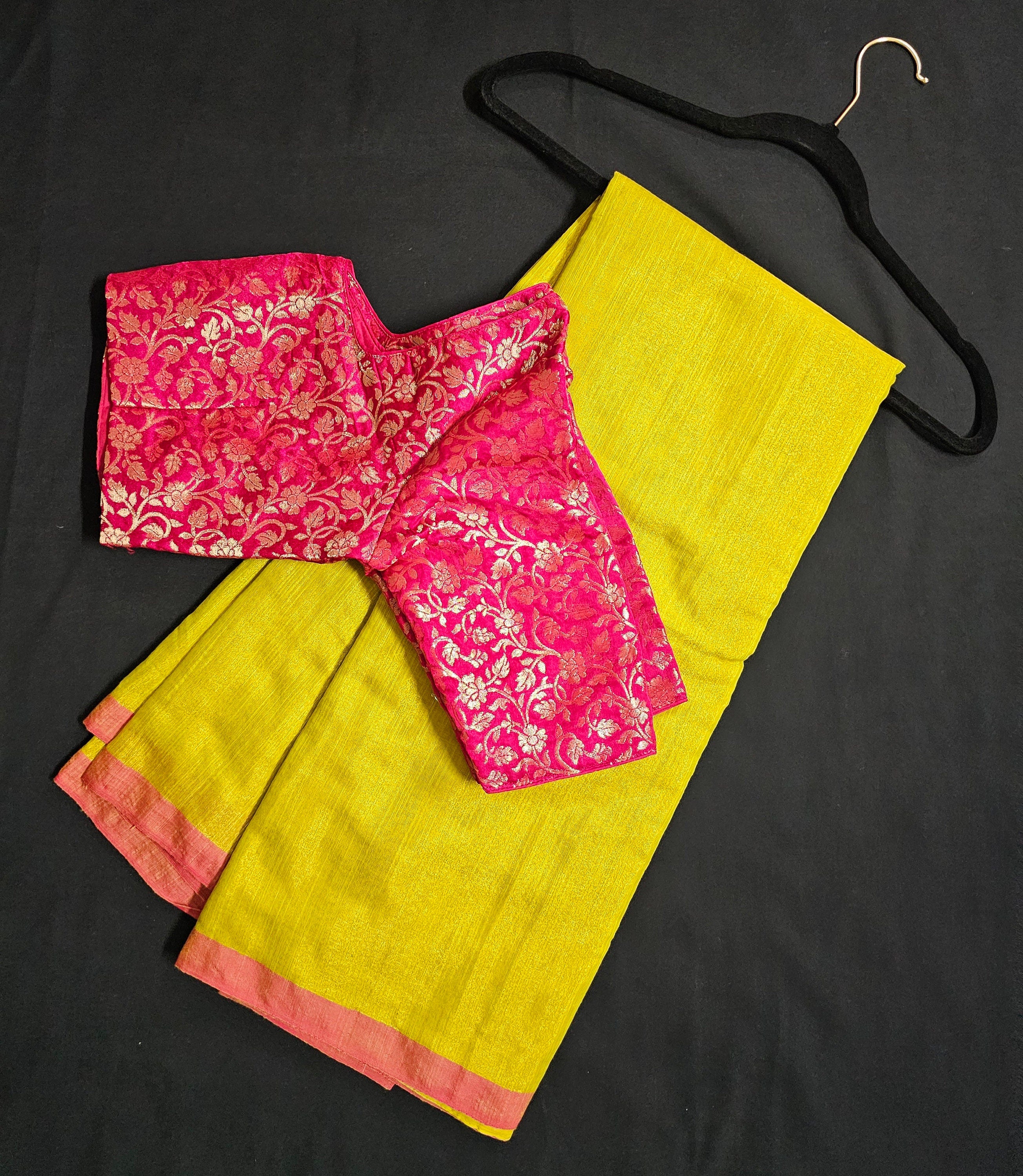 Azhagi Magil Tissue Linen Silk Lite green Saree with pink blouse- Saree  with stitched blouse - Blouse size 36 (Upto 38)