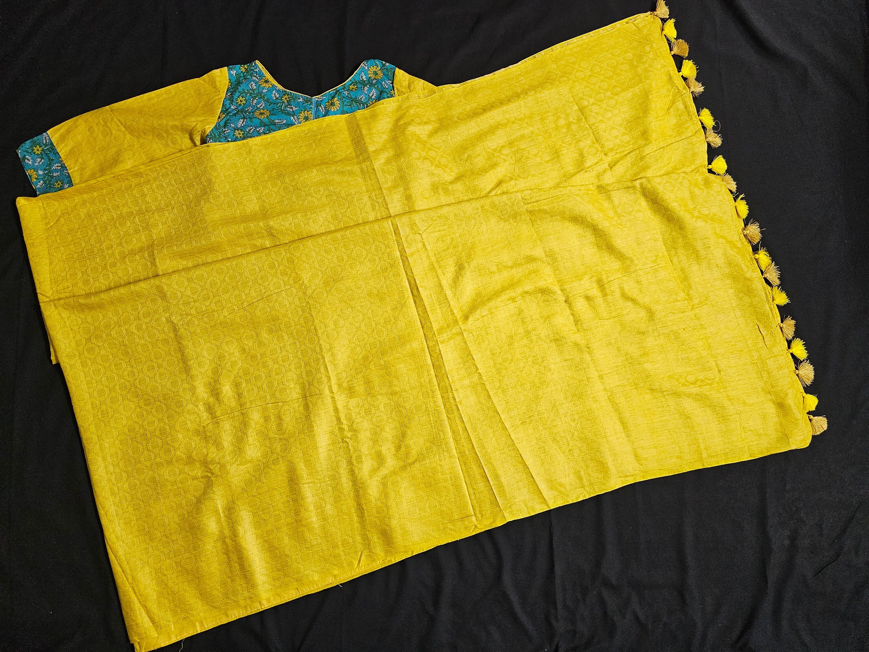 Vogue Magil Brocade Linen Silk Yellow Saree with Blue Boutique blouse- Saree  with stitched blouse - Blouse size 40