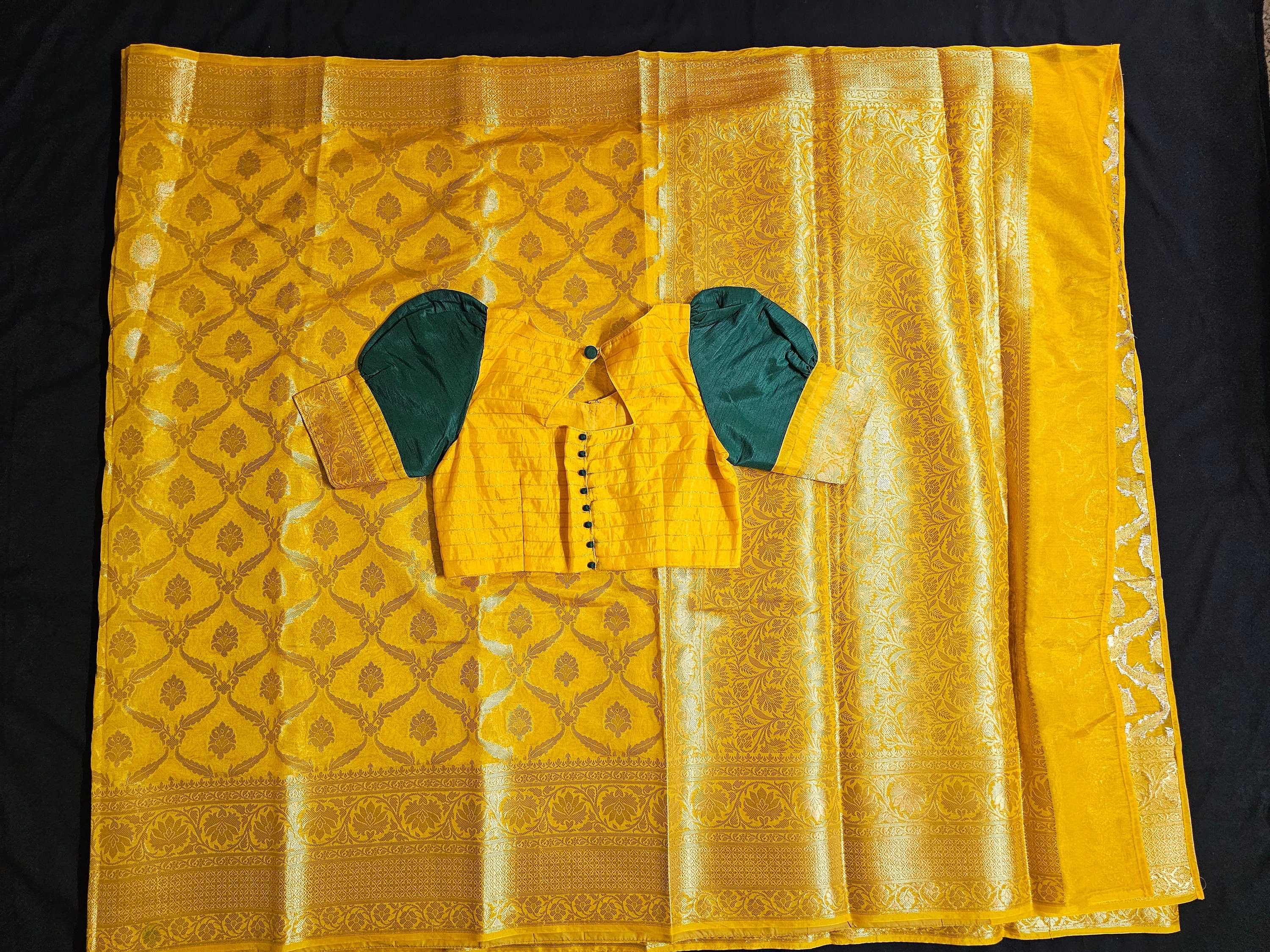 Avarna Banarasi Silk Yellow Saree with beautiful boutique stitched blouse  - Saree  with stitched blouse - Blouse size 38 (Upto 40)