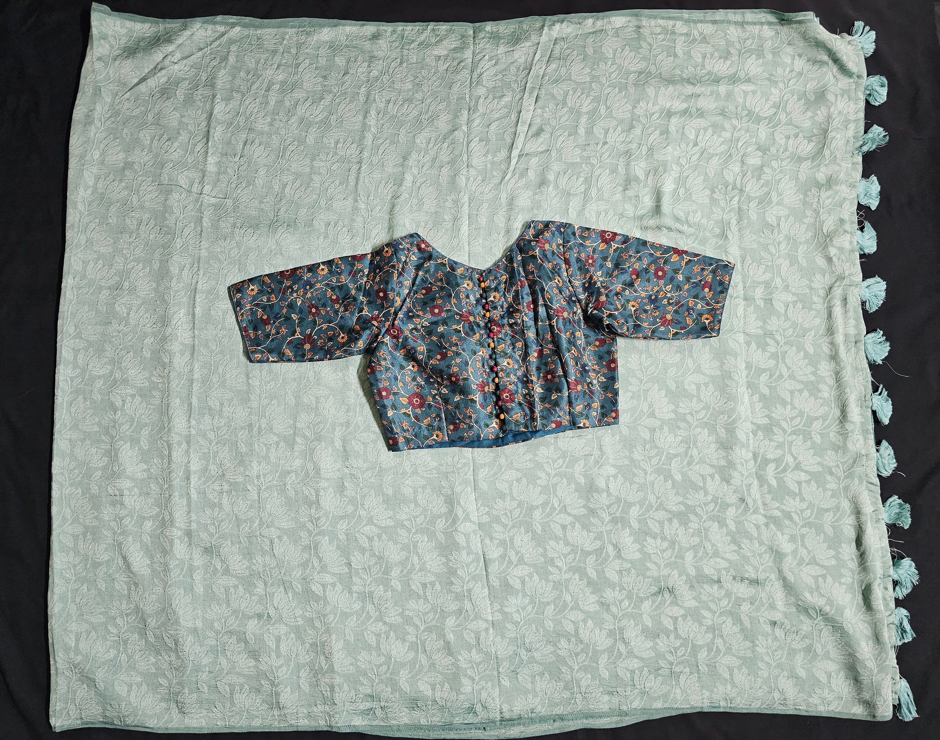 Teel Color Designer Saree with Kalamkari Printed beautiful boutique stitched blouse - Saree stitched blouse - Blouse size 38 (Upto 40)